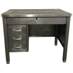 Vintage Industrial Brushed Steel Rubber Top Military Desk
