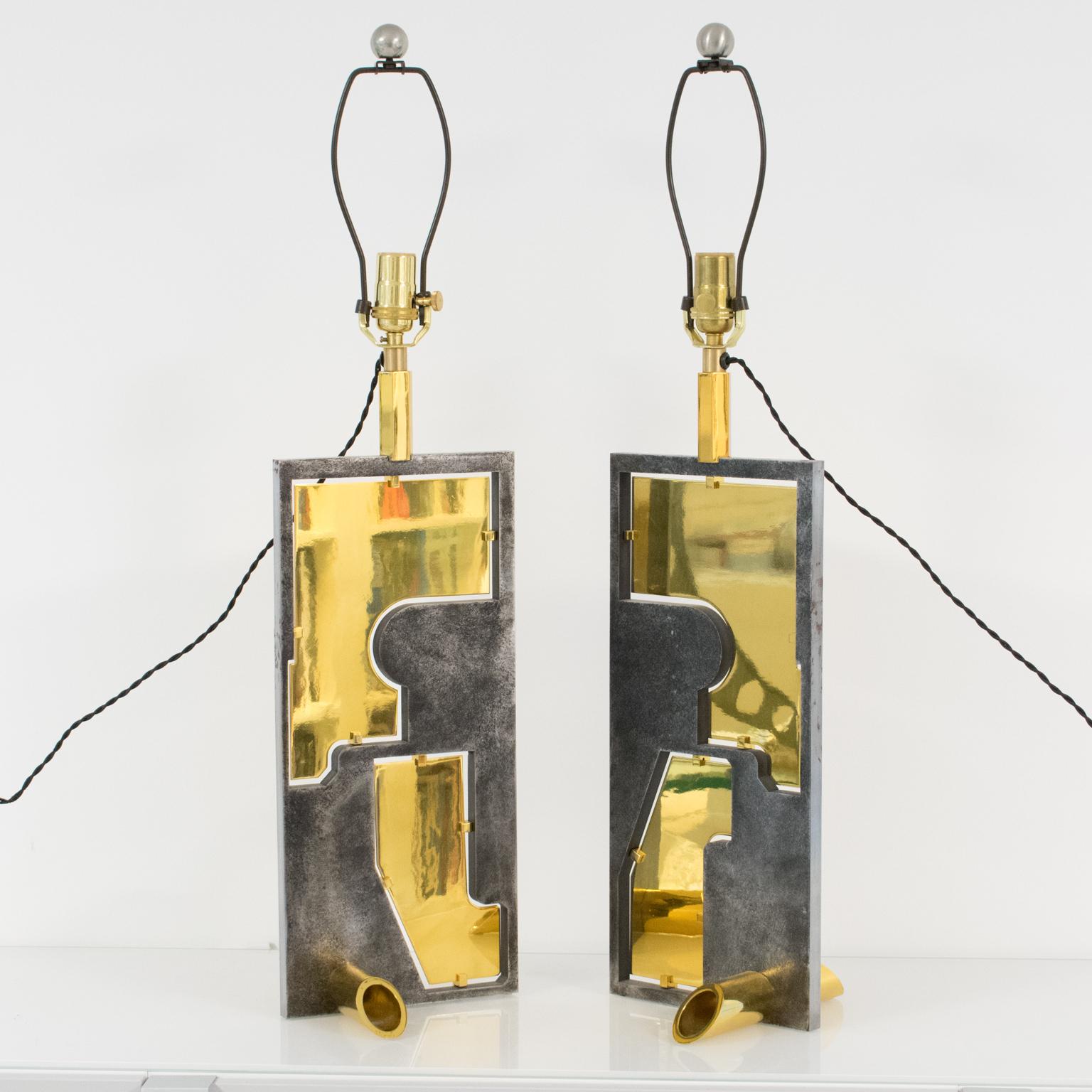 Industrial Brutalist Brass and Steel Table Lamps, a pair, France 1980s For Sale 5