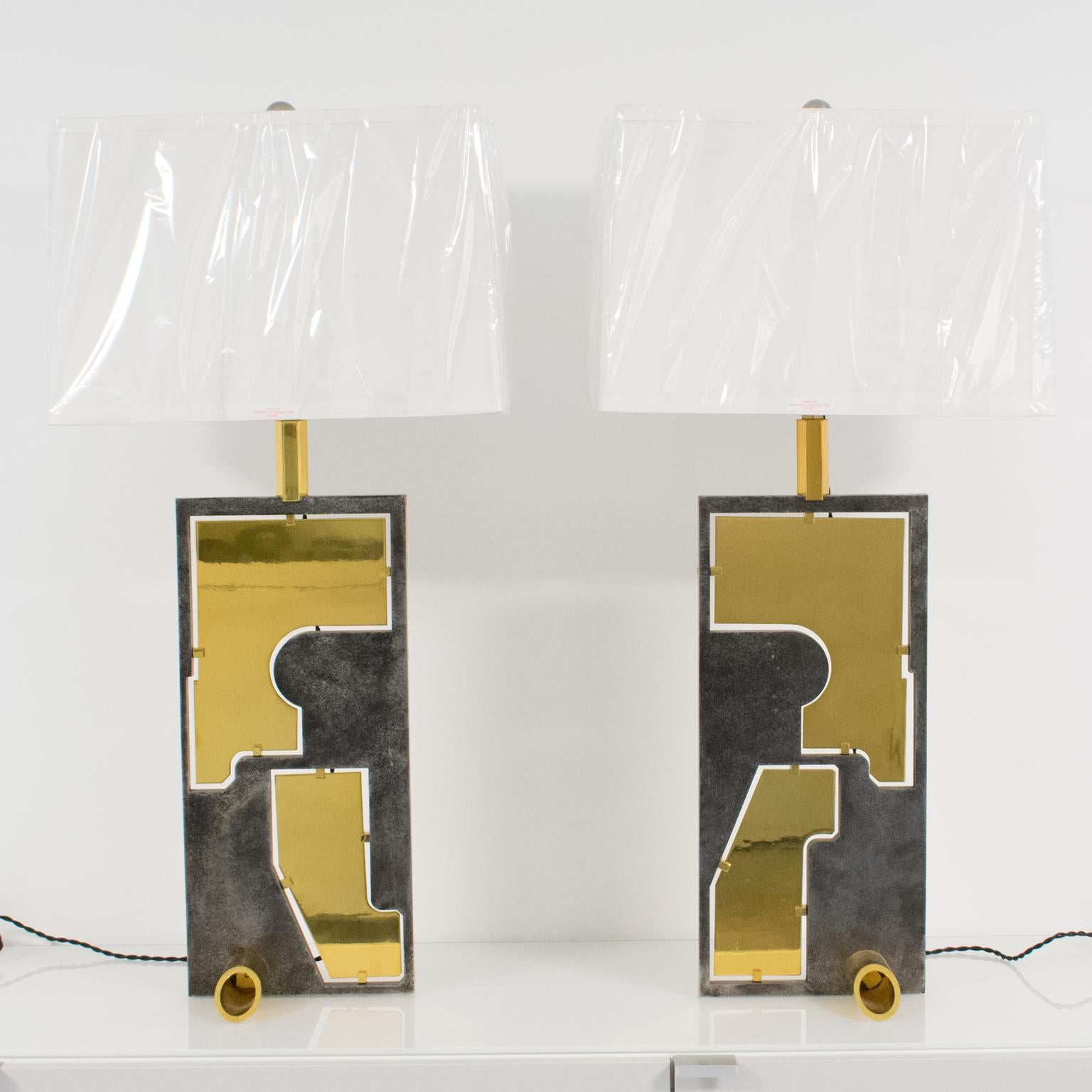 Industrial Brutalist Brass and Steel Table Lamps, a pair, 1980s In Excellent Condition For Sale In Atlanta, GA