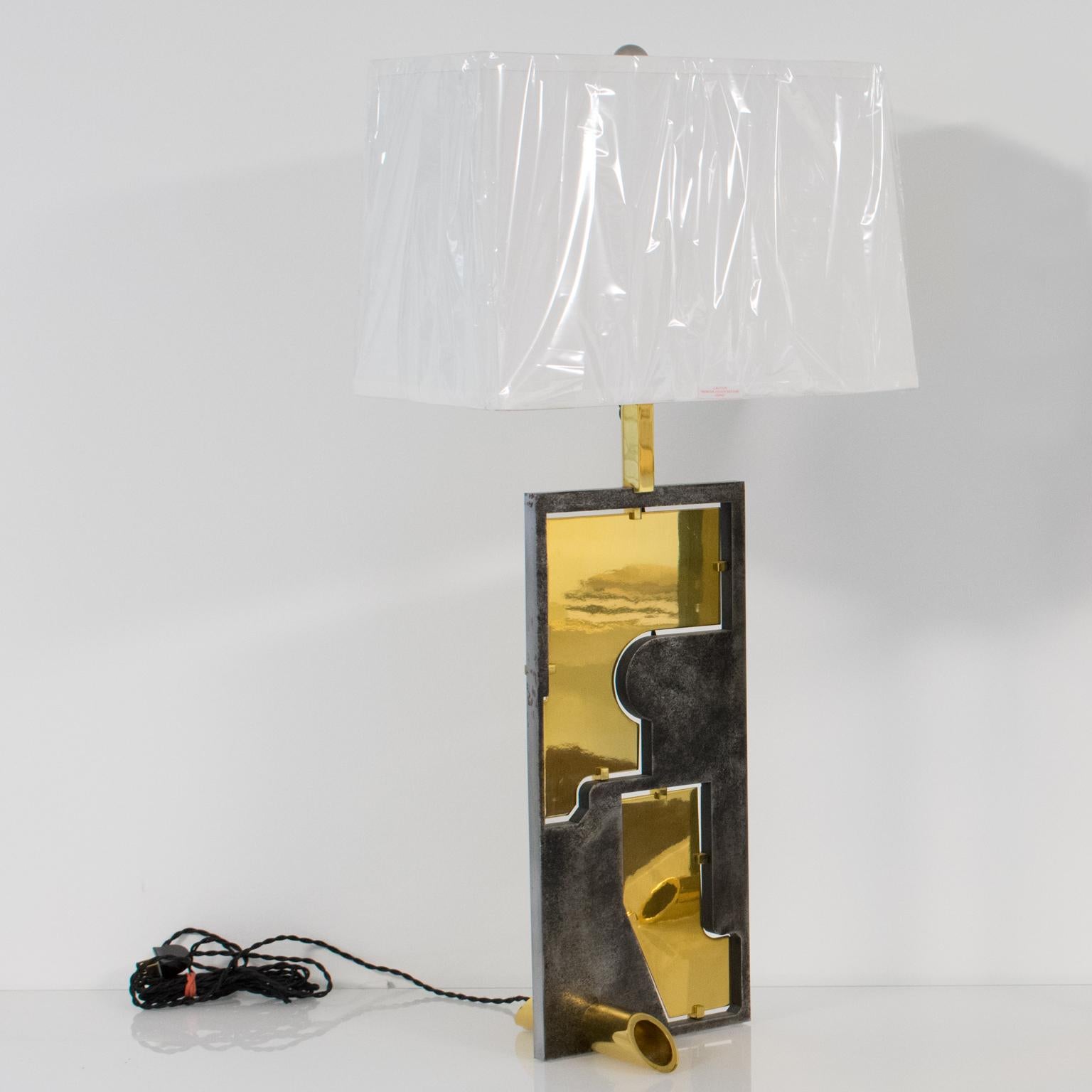Metal Industrial Brutalist Brass and Steel Table Lamps, a pair, France 1980s For Sale
