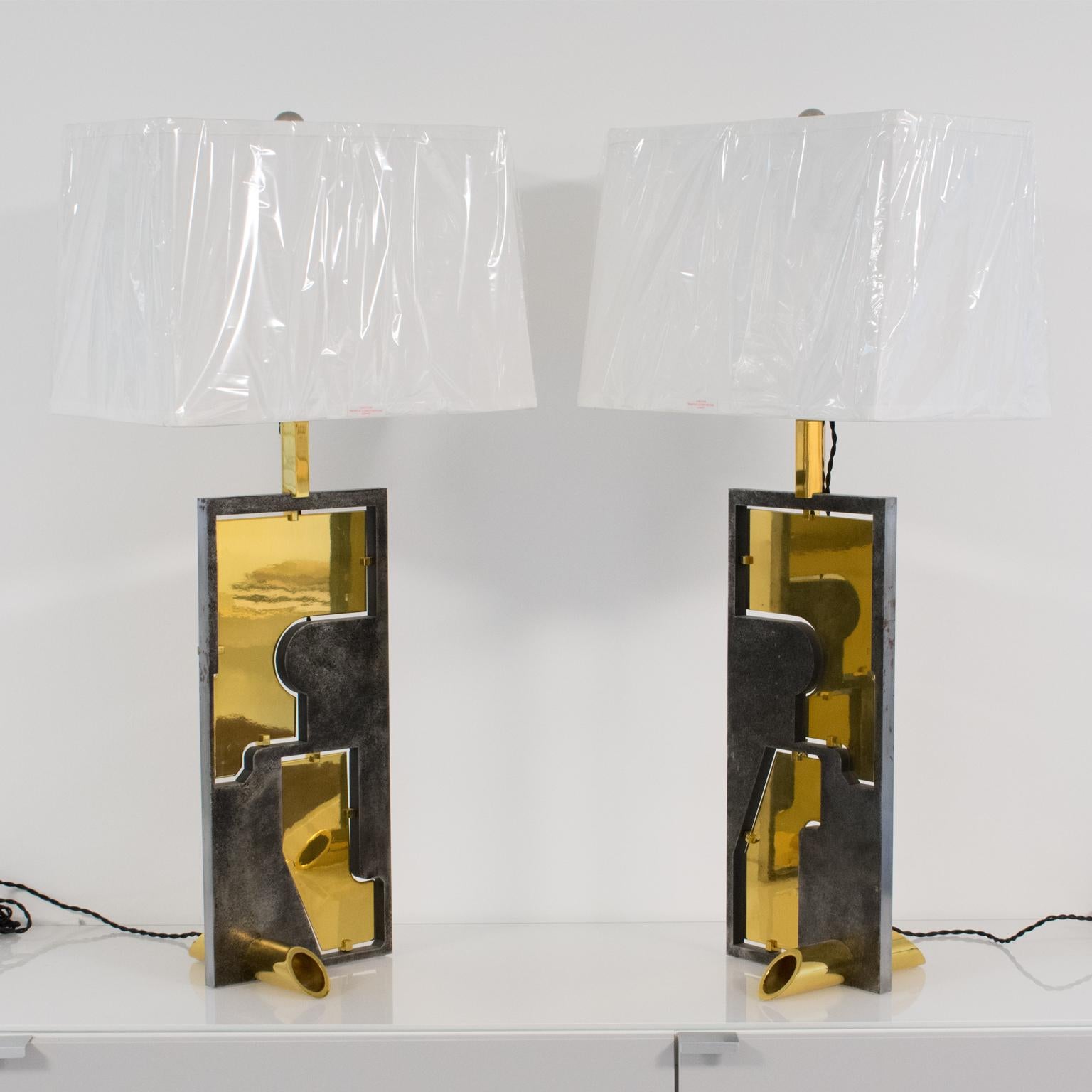 Industrial Brutalist Brass and Steel Table Lamps, a pair, France 1980s For Sale 1