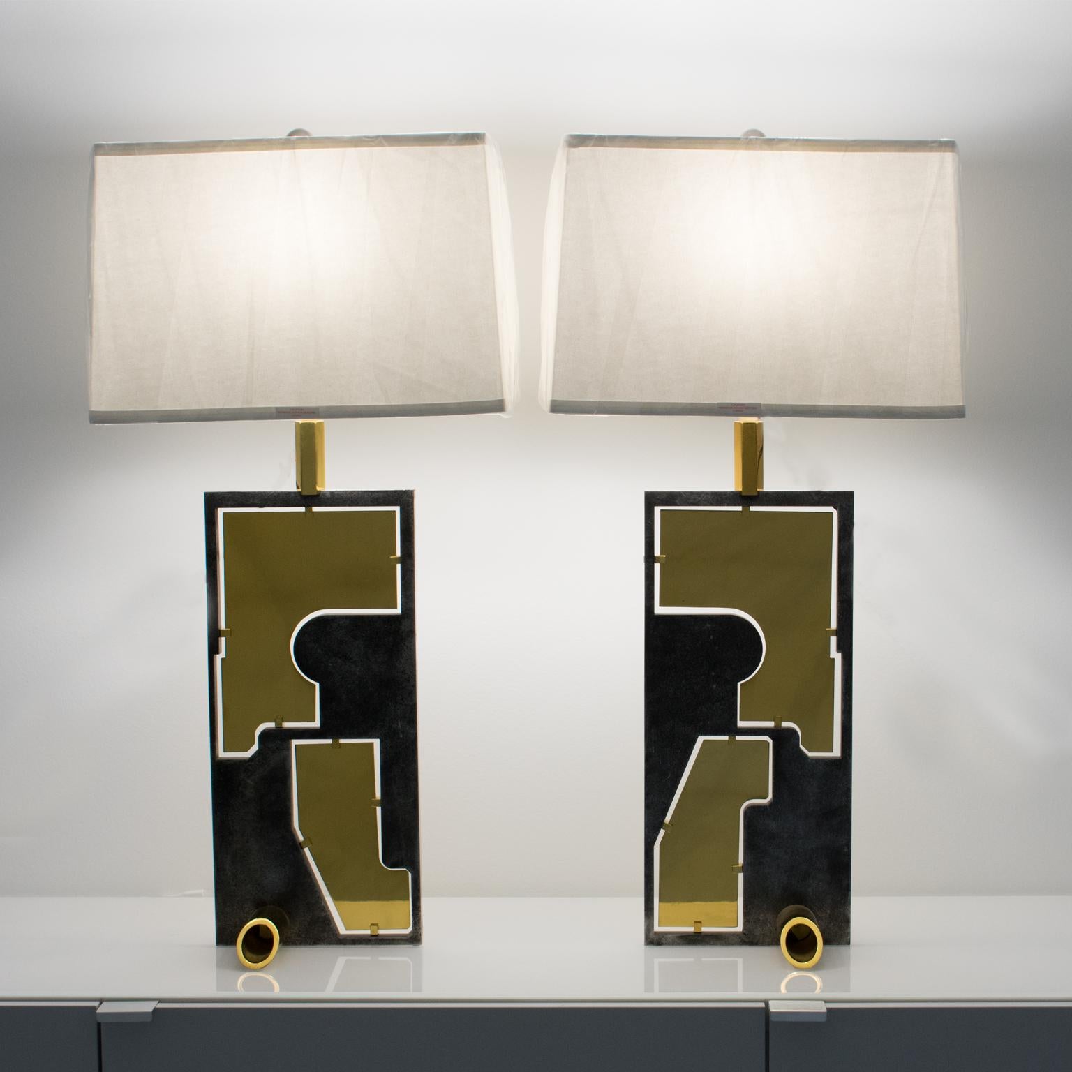 Industrial Brutalist Brass and Steel Table Lamps, a pair, 1980s For Sale 2