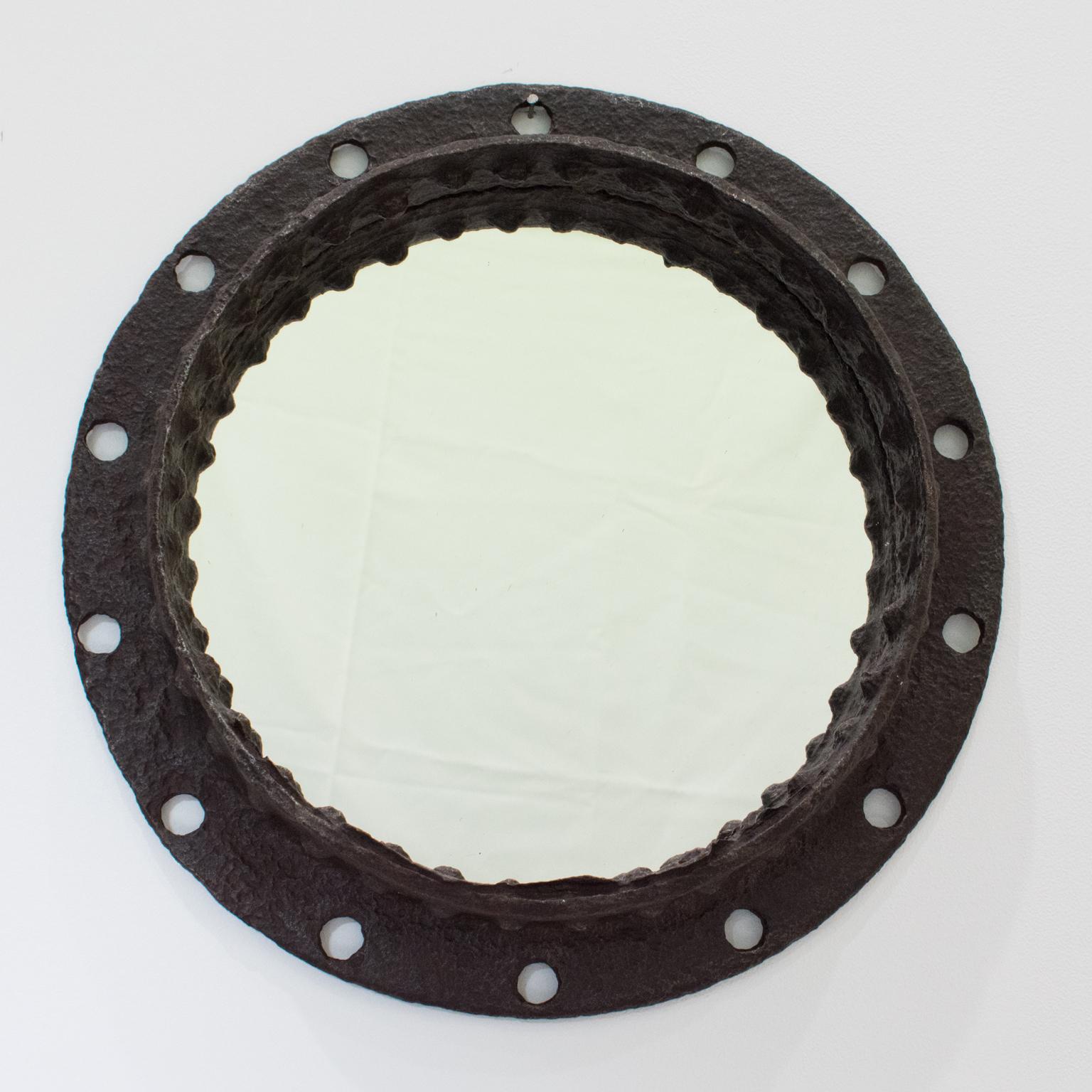 French Industrial Brutalist Wrought Iron Porthole Mirror For Sale