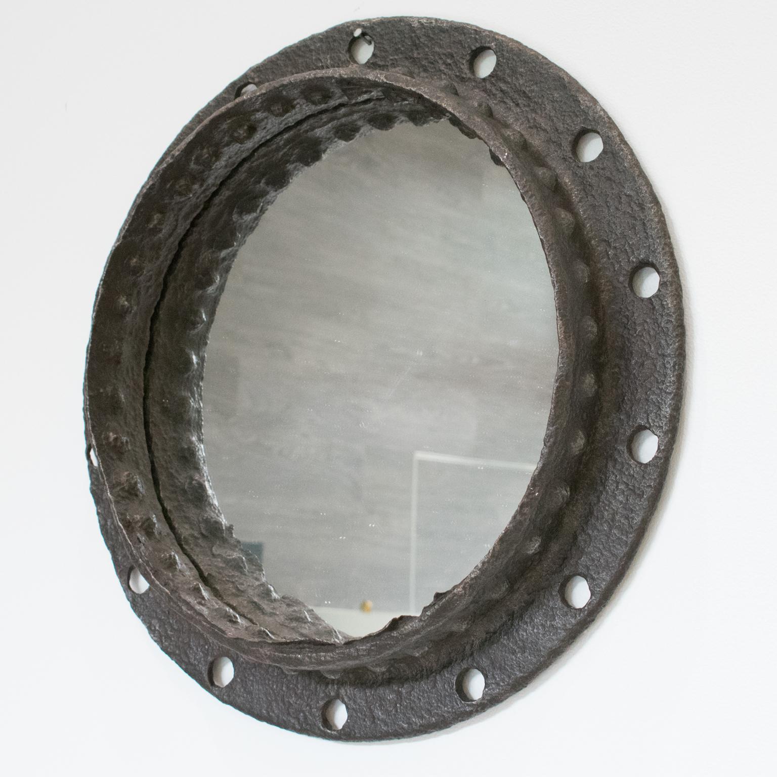 Industrial Brutalist Wrought Iron Porthole Mirror In Good Condition For Sale In Atlanta, GA