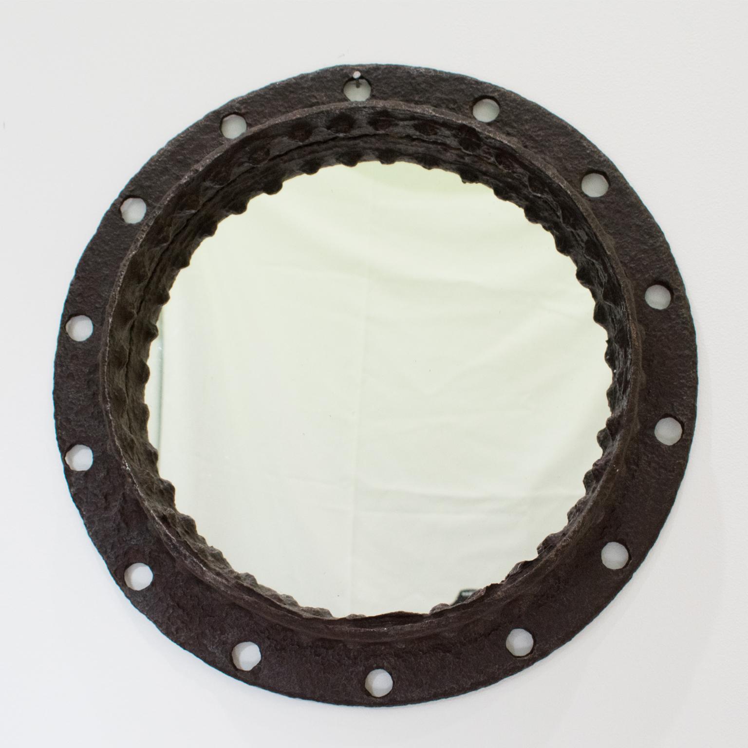 Industrial Brutalist Wrought Iron Porthole Mirror For Sale 1