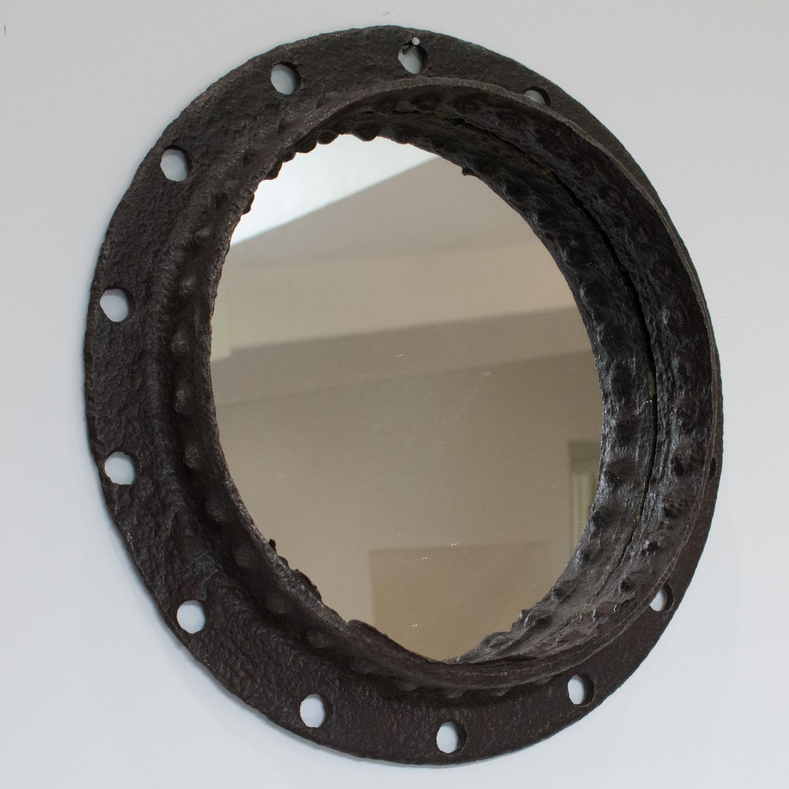 Industrial Brutalist Wrought Iron Porthole Mirror For Sale 2