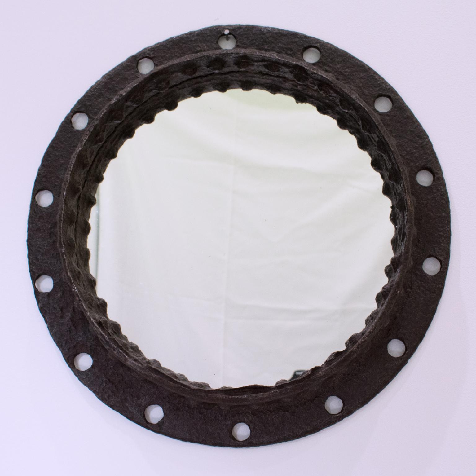Industrial Brutalist Wrought Iron Porthole Mirror For Sale 3