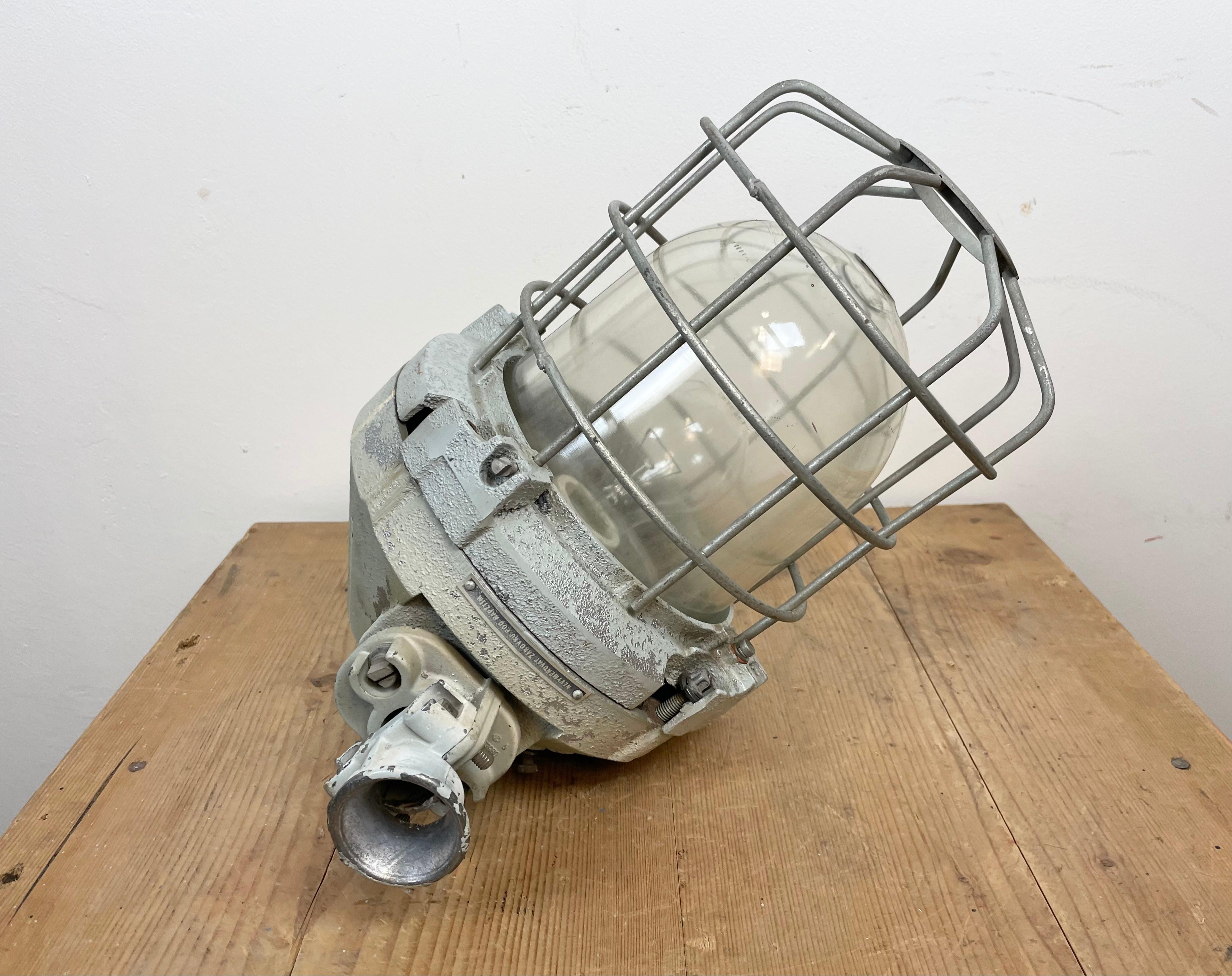 Industrial Bunker Ceiling Light with Iron Cage from Elektrosvit, 1970s For Sale 9