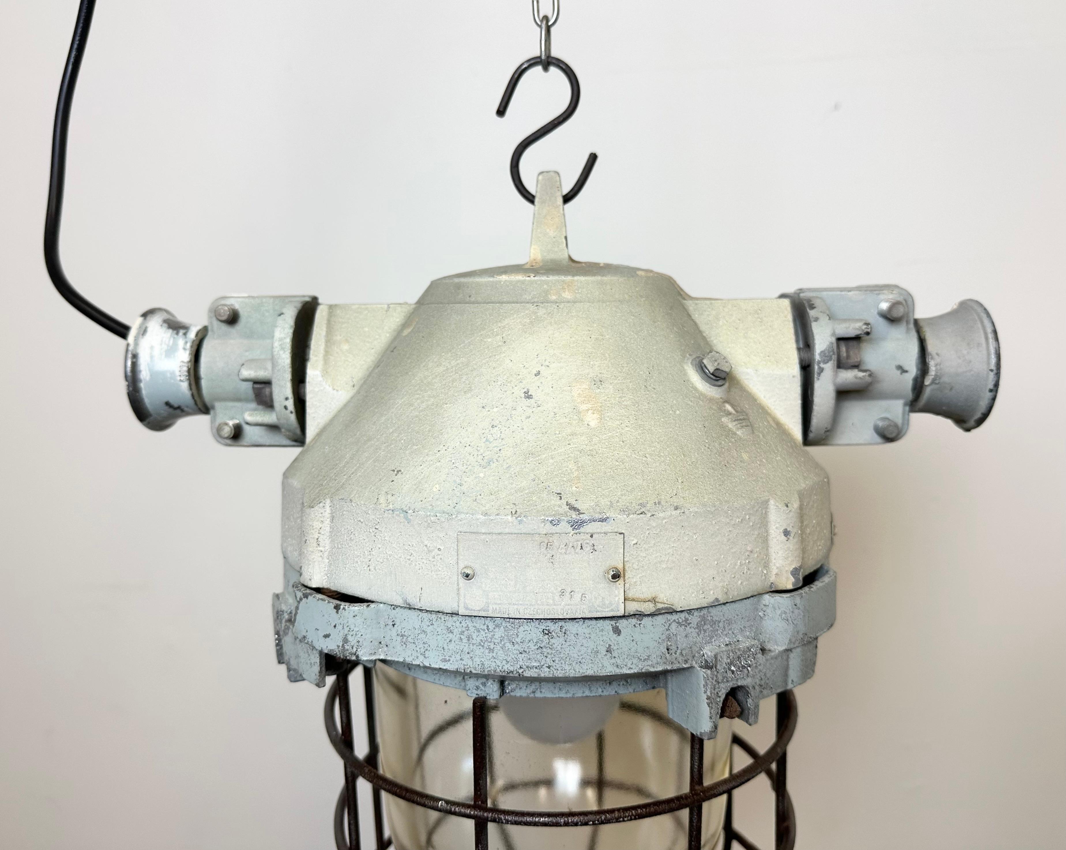 Cast Industrial Bunker Ceiling Light with Iron Cage from Elektrosvit, 1970s For Sale