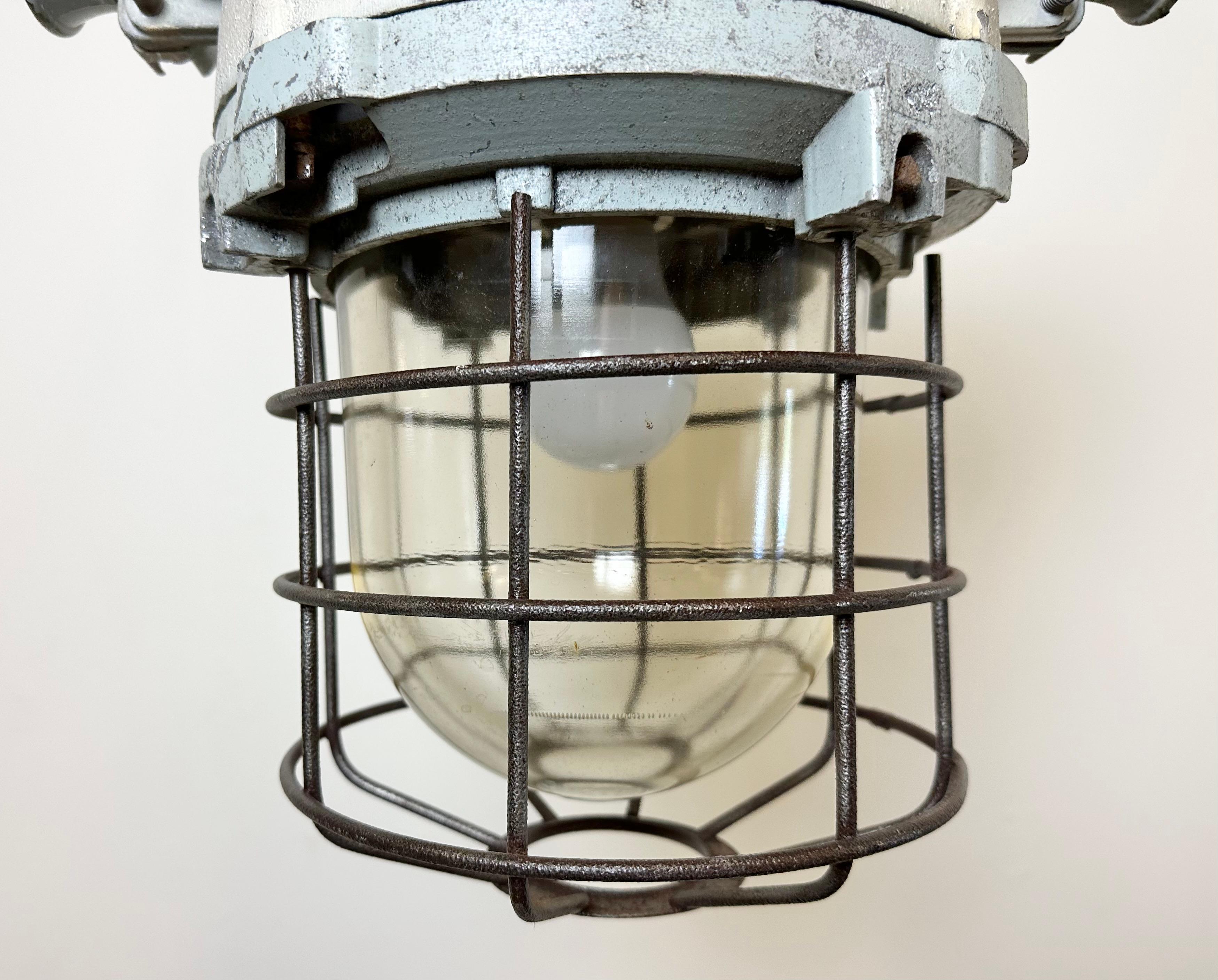 Industrial Bunker Ceiling Light with Iron Cage from Elektrosvit, 1970s In Good Condition For Sale In Kojetice, CZ