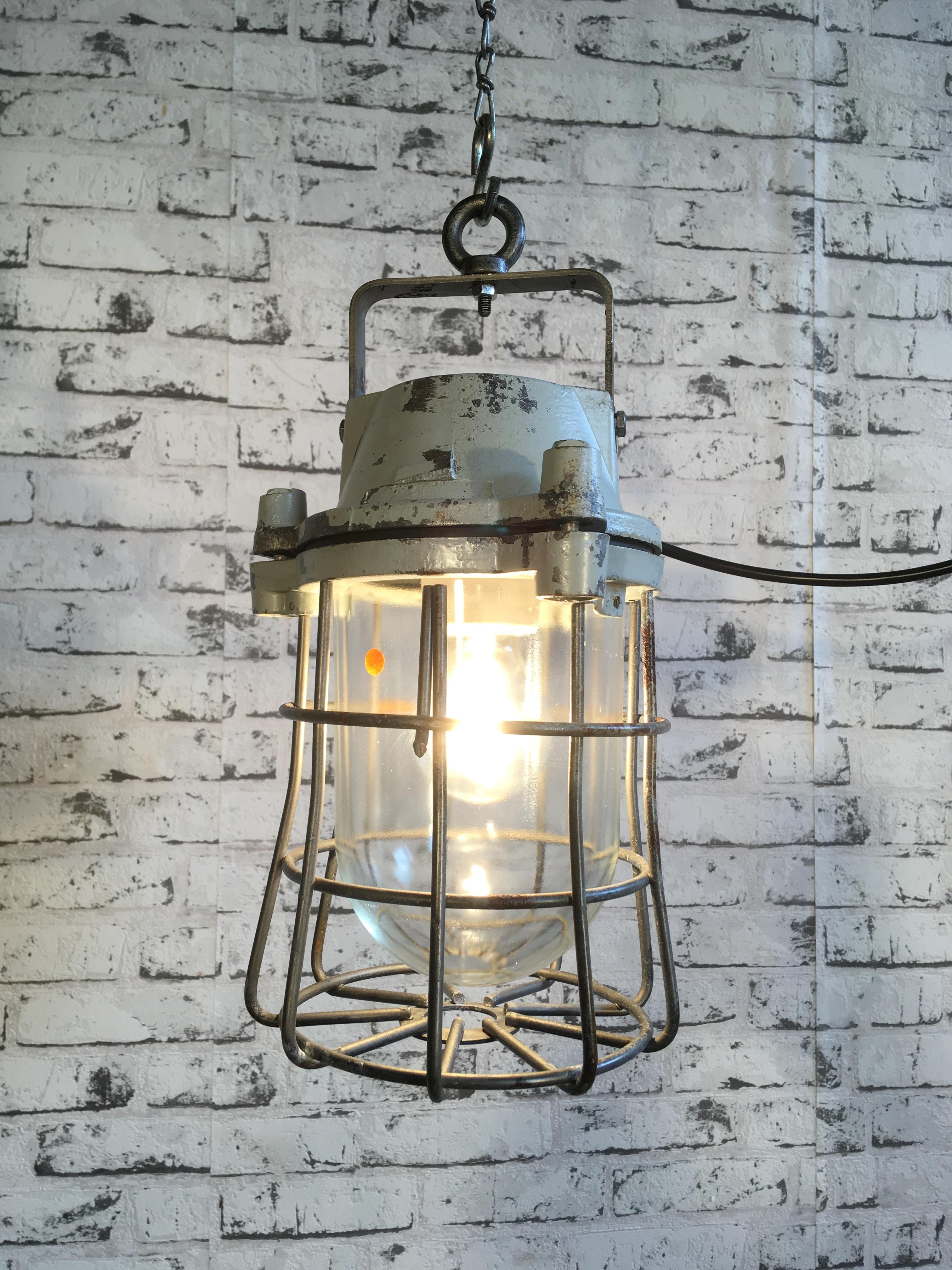 Glass Industrial Bunker Hanging Lamp with Iron Cage from Elektrosvit, 1960s