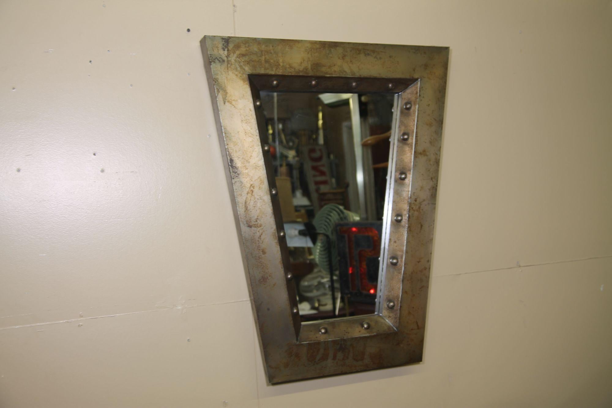 Industrial Burtalist Style Wall Mirror In Distressed Condition For Sale In Asbury Park, NJ