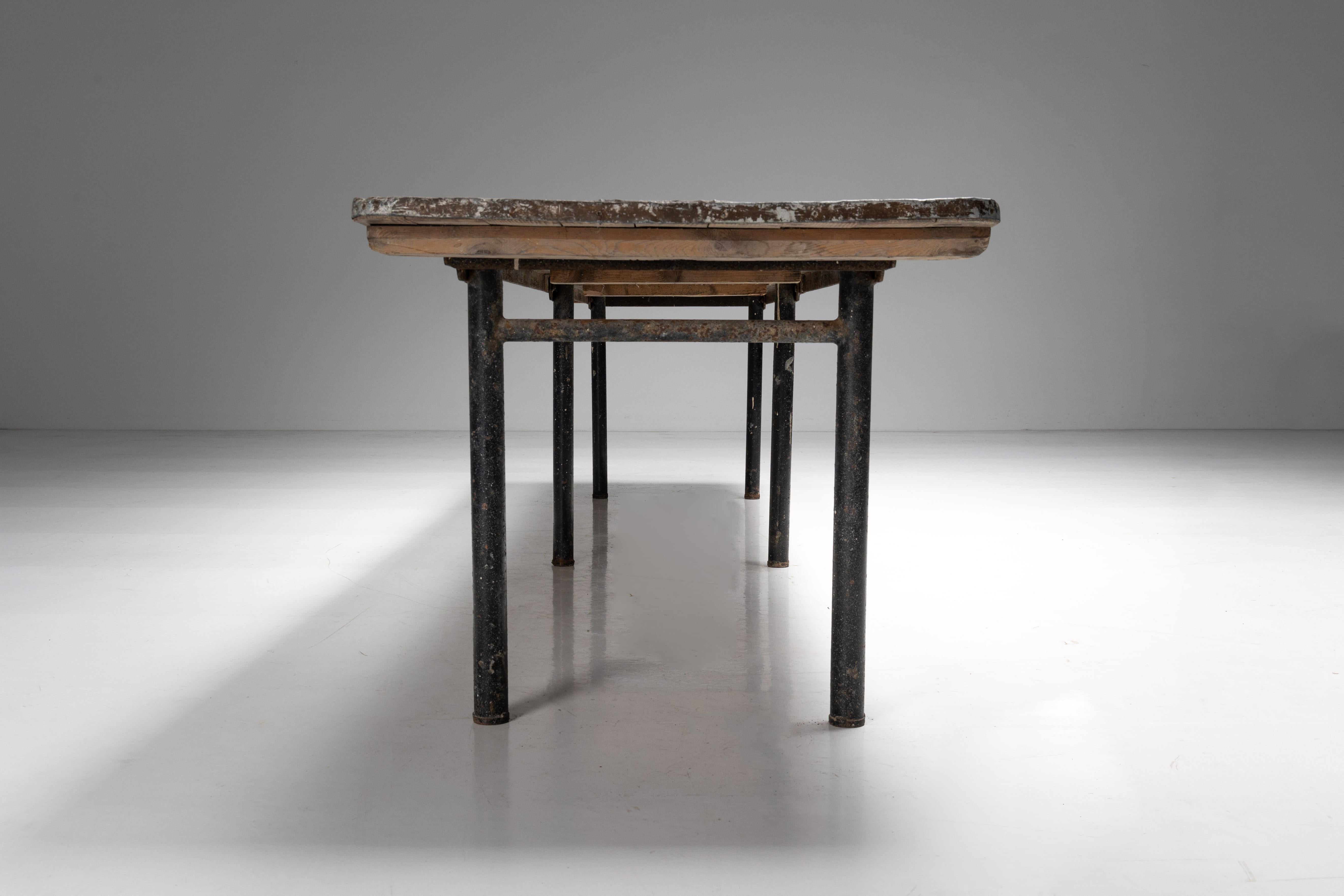 Industrial Design; 1950s; Butchers Tables; Butchery; Metal; Iron; Wood; France;

Industrial dining table, a timeless piece hailing from the bustling 1950s era. Crafted with precision and character, this extraordinary table boasts a generous wooden