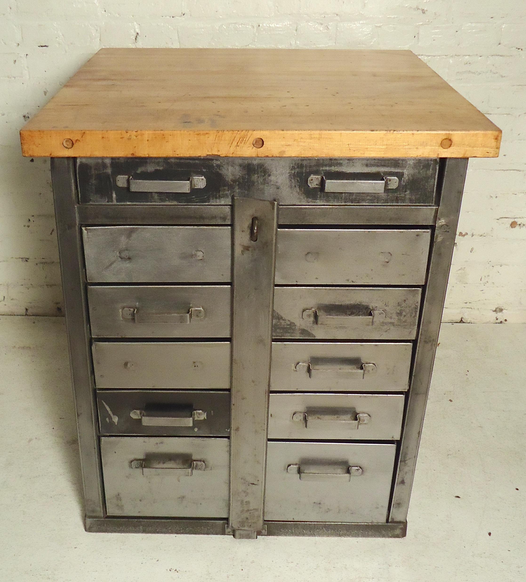 Metal cabinet refinished in an Industrial style. Thick butcher block top, eleven drawers. Great as a modern kitchen island.

(Please confirm item location - NY or NJ - with dealer).
  