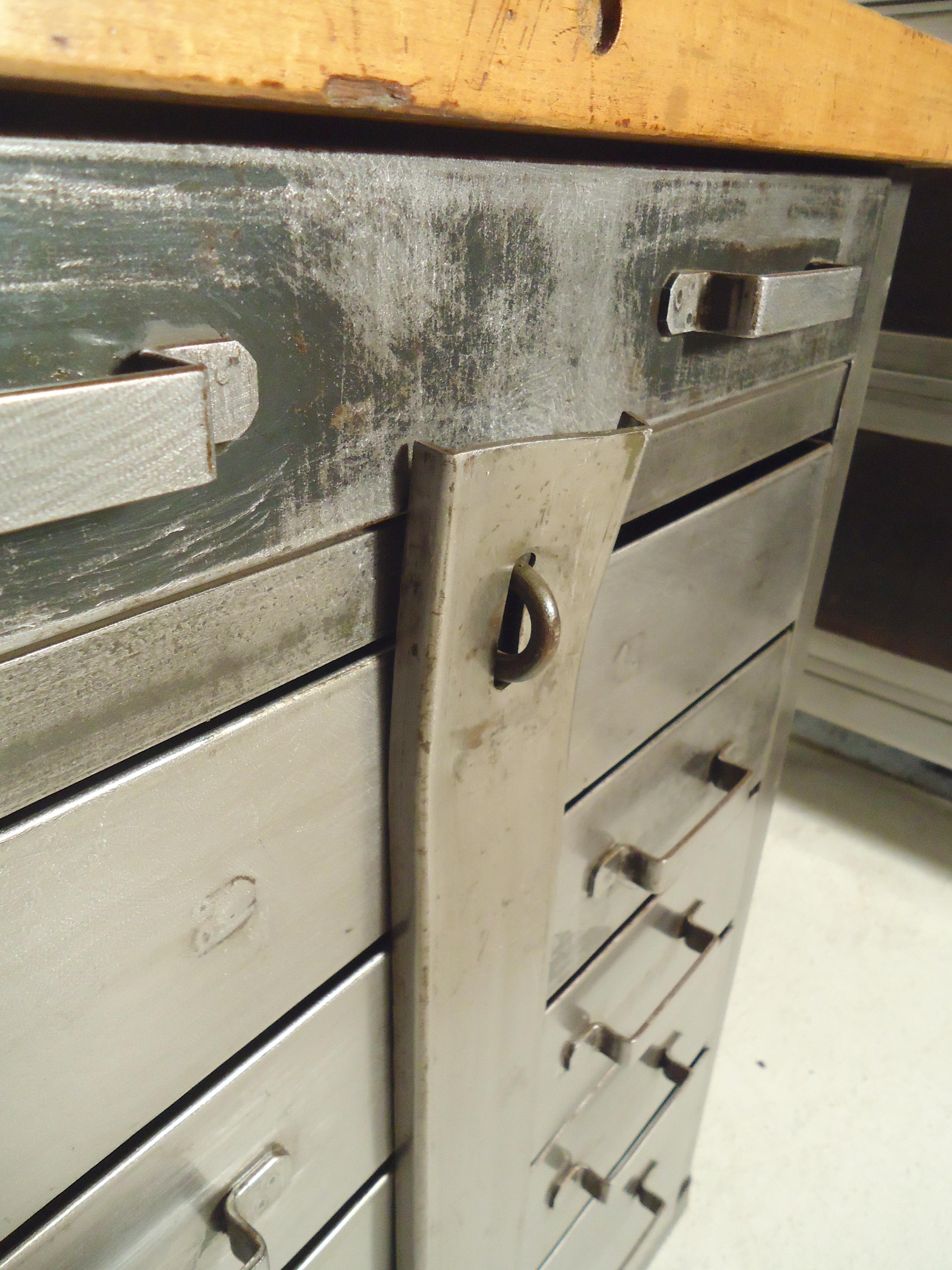 Industrial Cabinet with Butcher Block Top In Distressed Condition In Brooklyn, NY