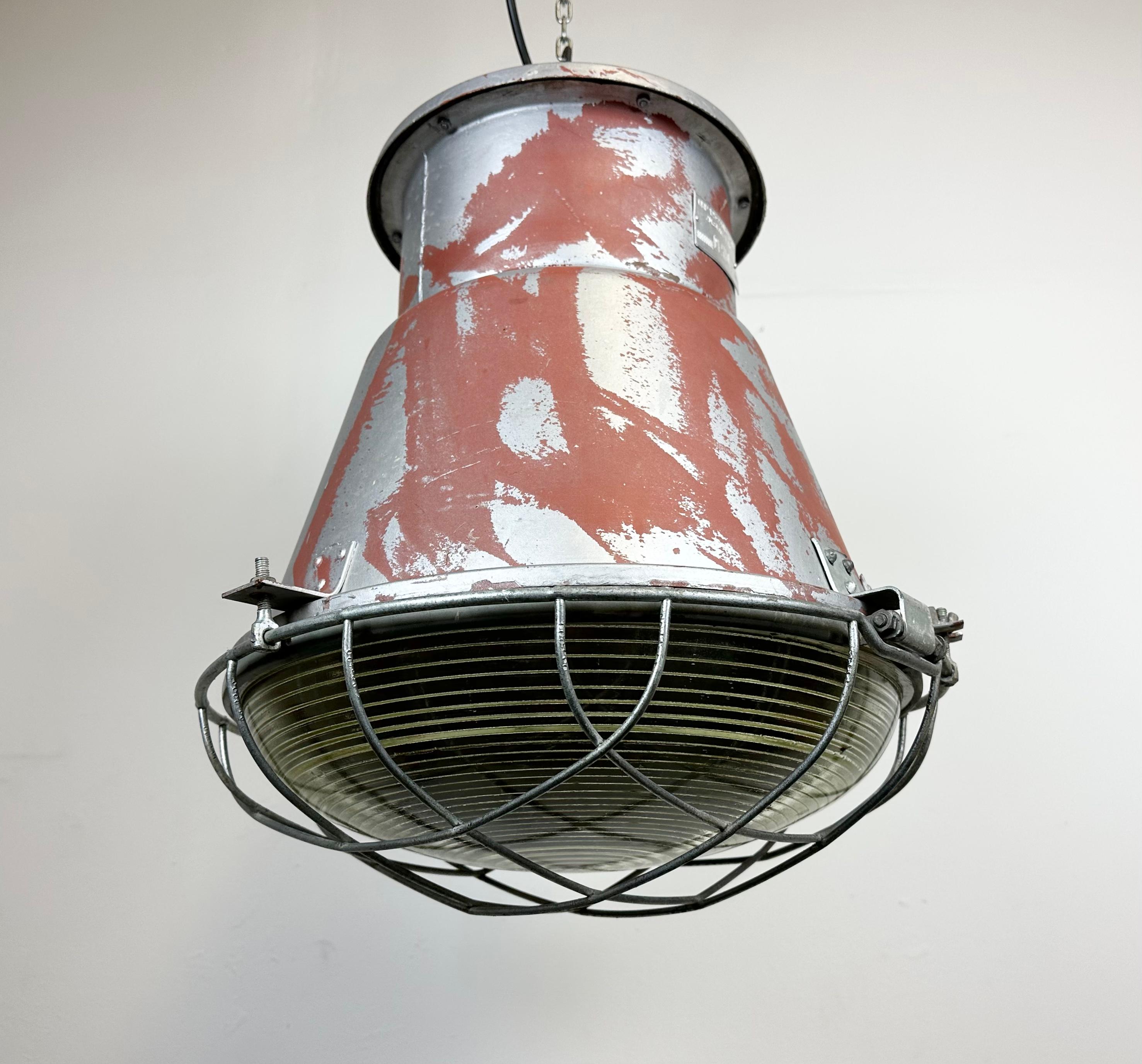 Industrial Cage Factory Pendant Lamp with Glass Cover from Mesko, 1970s For Sale 7