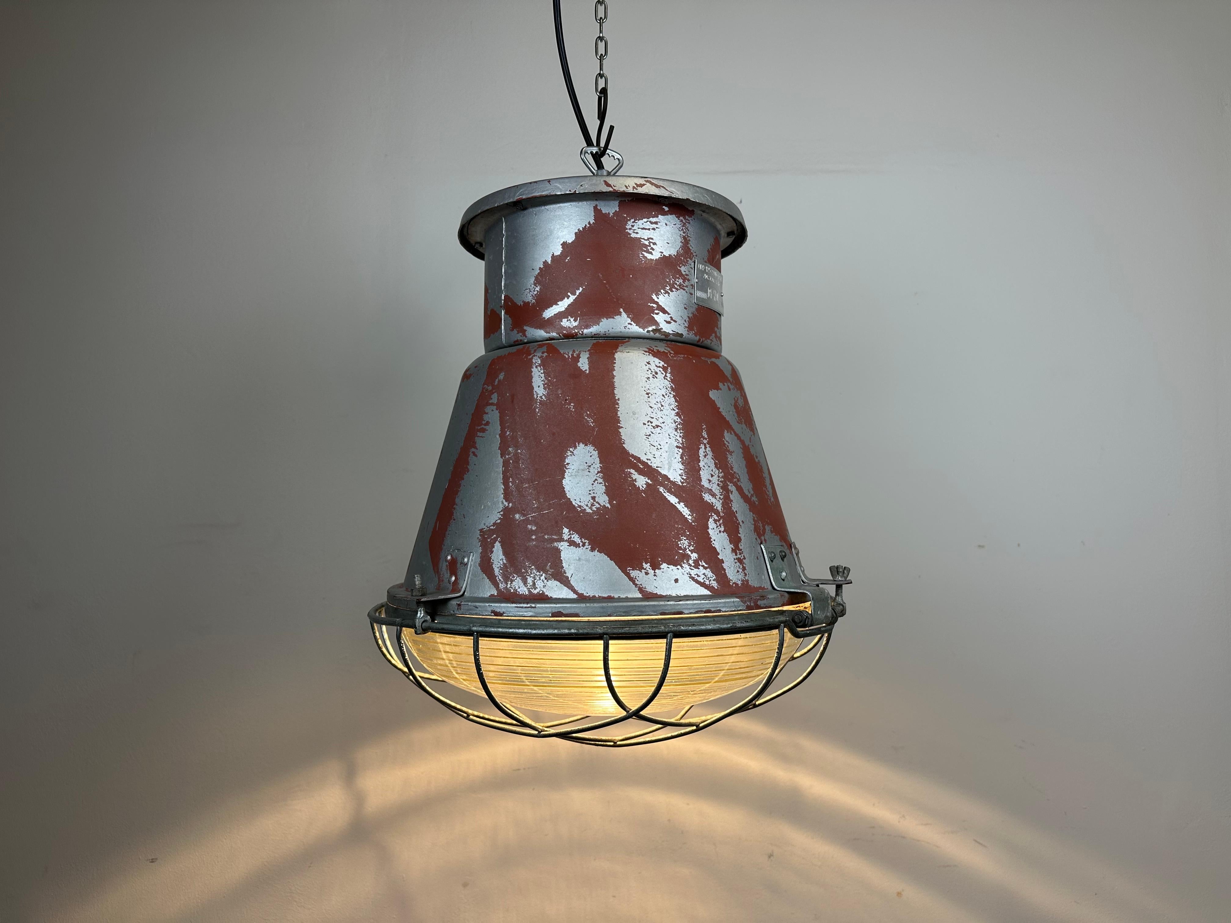Industrial Cage Factory Pendant Lamp with Glass Cover from Mesko, 1970s For Sale 9