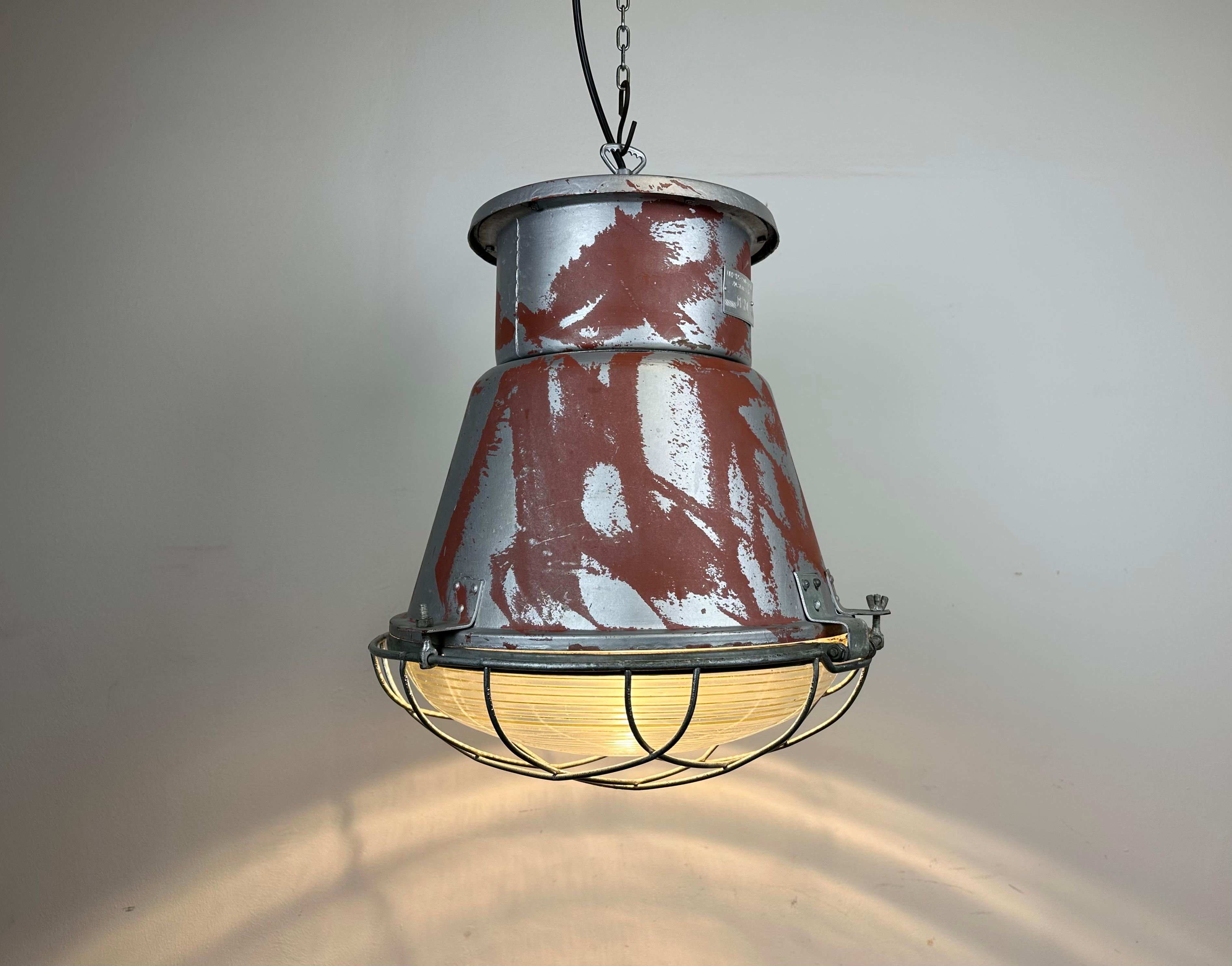 Industrial Cage Factory Pendant Lamp with Glass Cover from Mesko, 1970s For Sale 11