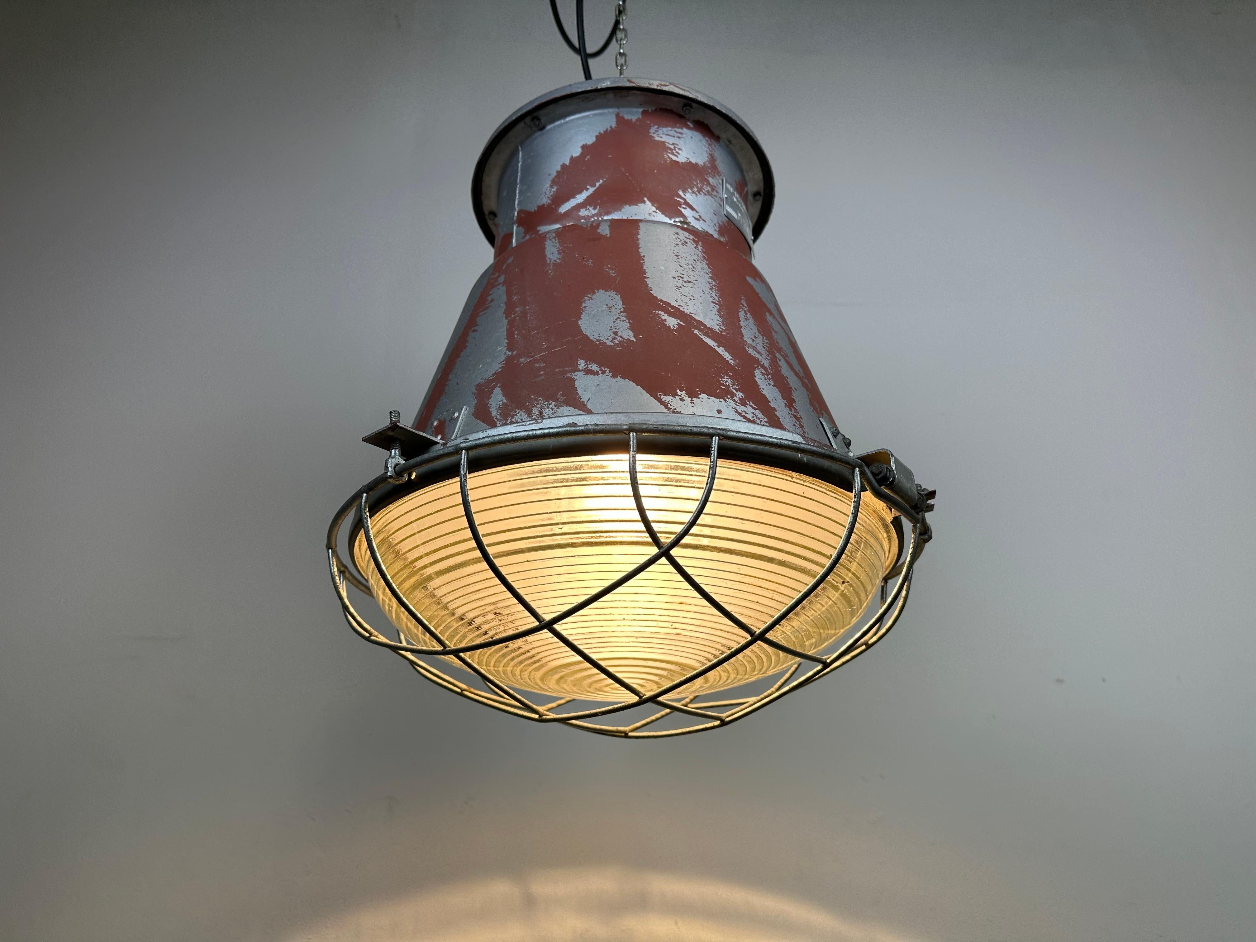 Industrial Cage Factory Pendant Lamp with Glass Cover from Mesko, 1970s For Sale 13