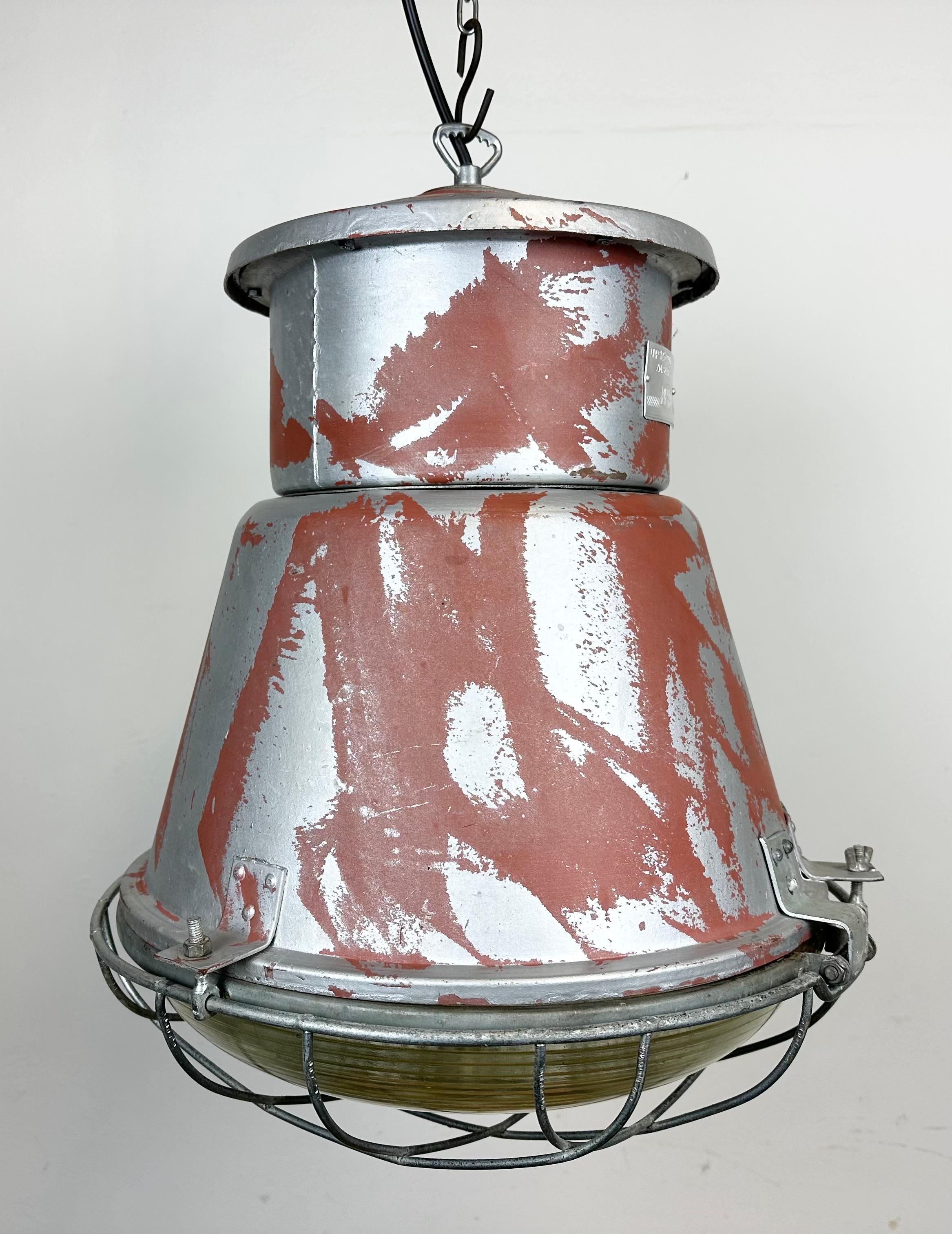 Industrial Cage Factory Pendant Lamp with Glass Cover from Mesko, 1970s In Good Condition For Sale In Kojetice, CZ