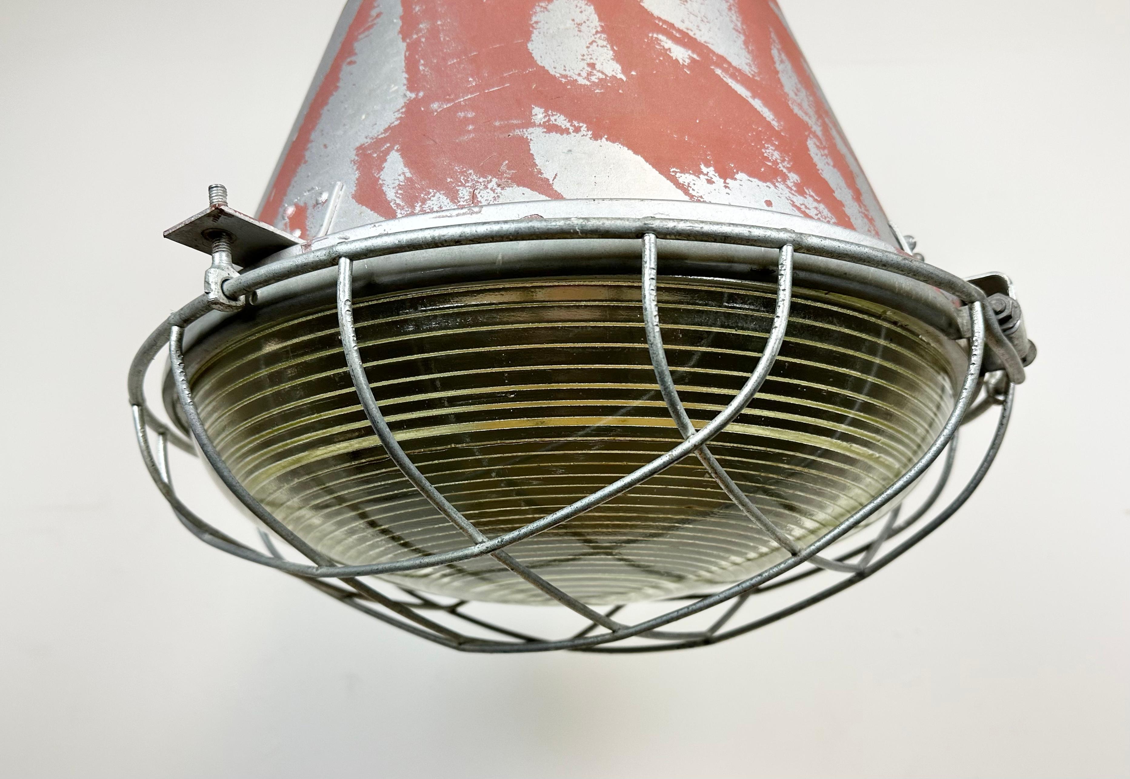 Industrial Cage Factory Pendant Lamp with Glass Cover from Mesko, 1970s For Sale 2