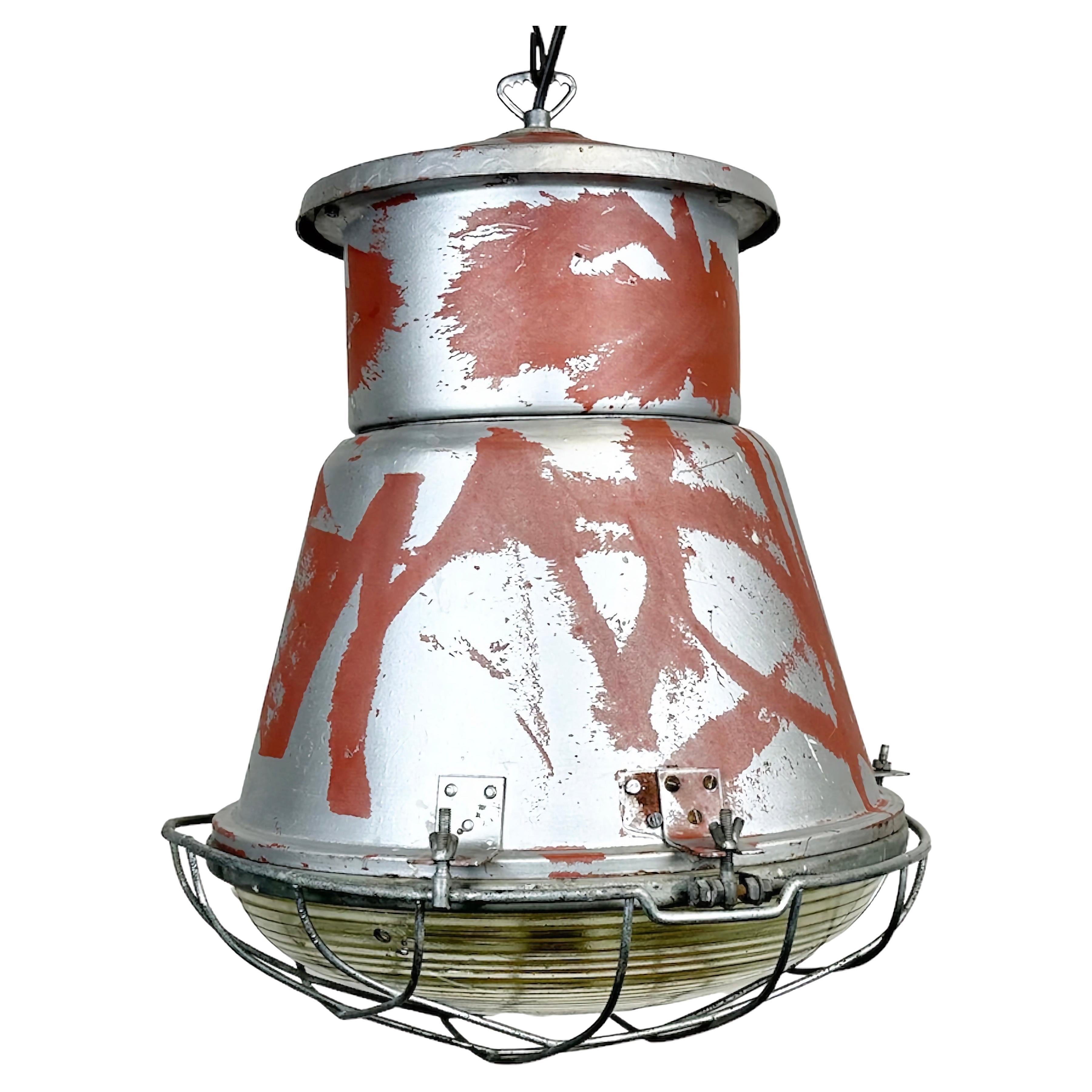 Industrial Cage Factory Pendant Lamp with Glass Cover from Mesko, 1970s