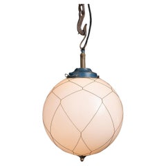 Industrial Caged Globe Opaline Pendant, England circa 1920