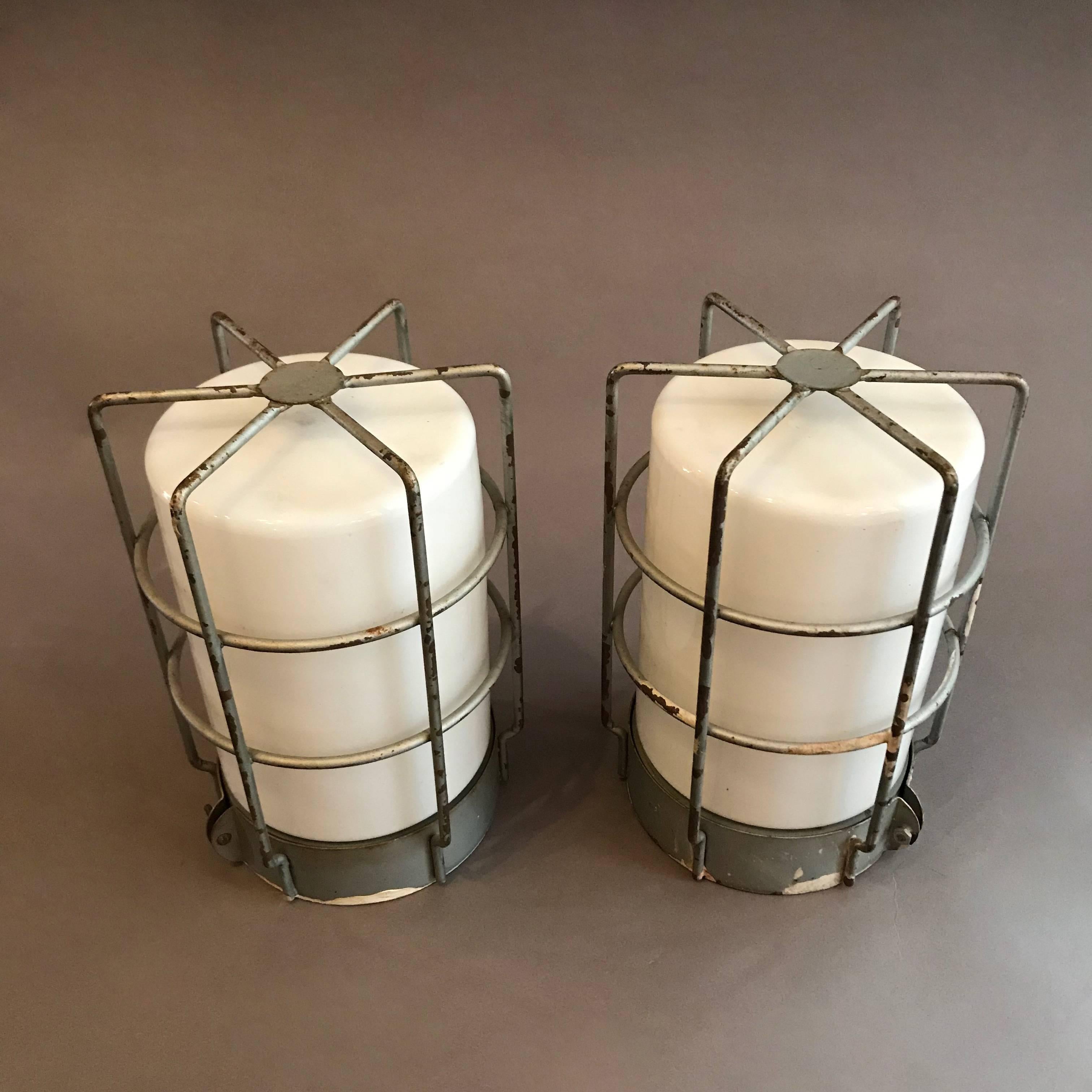 American Industrial Caged Milk Glass Wall Sconce Flush Mount Ceiling Lights