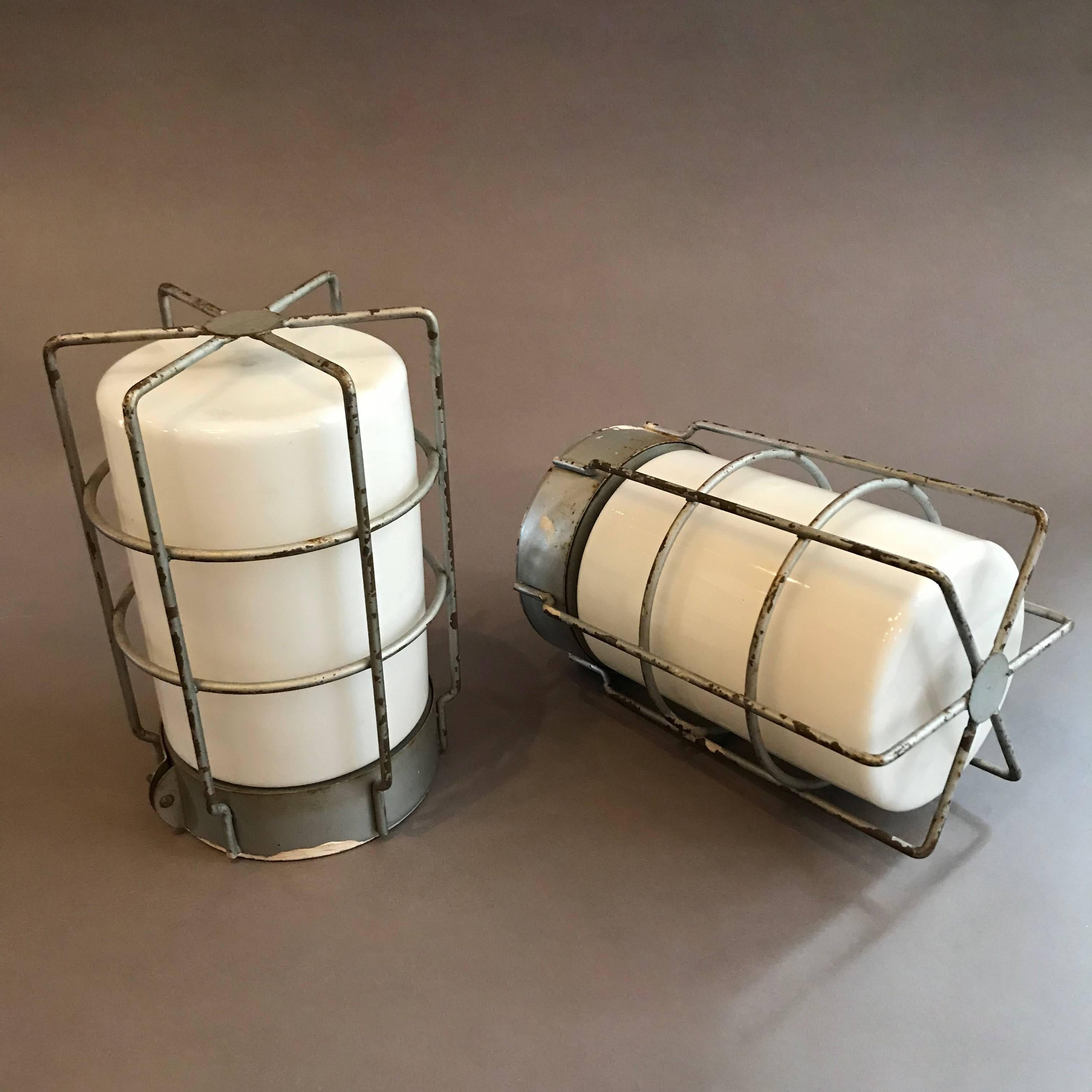 Industrial Caged Milk Glass Wall Sconce Flush Mount Ceiling Lights In Good Condition In Brooklyn, NY