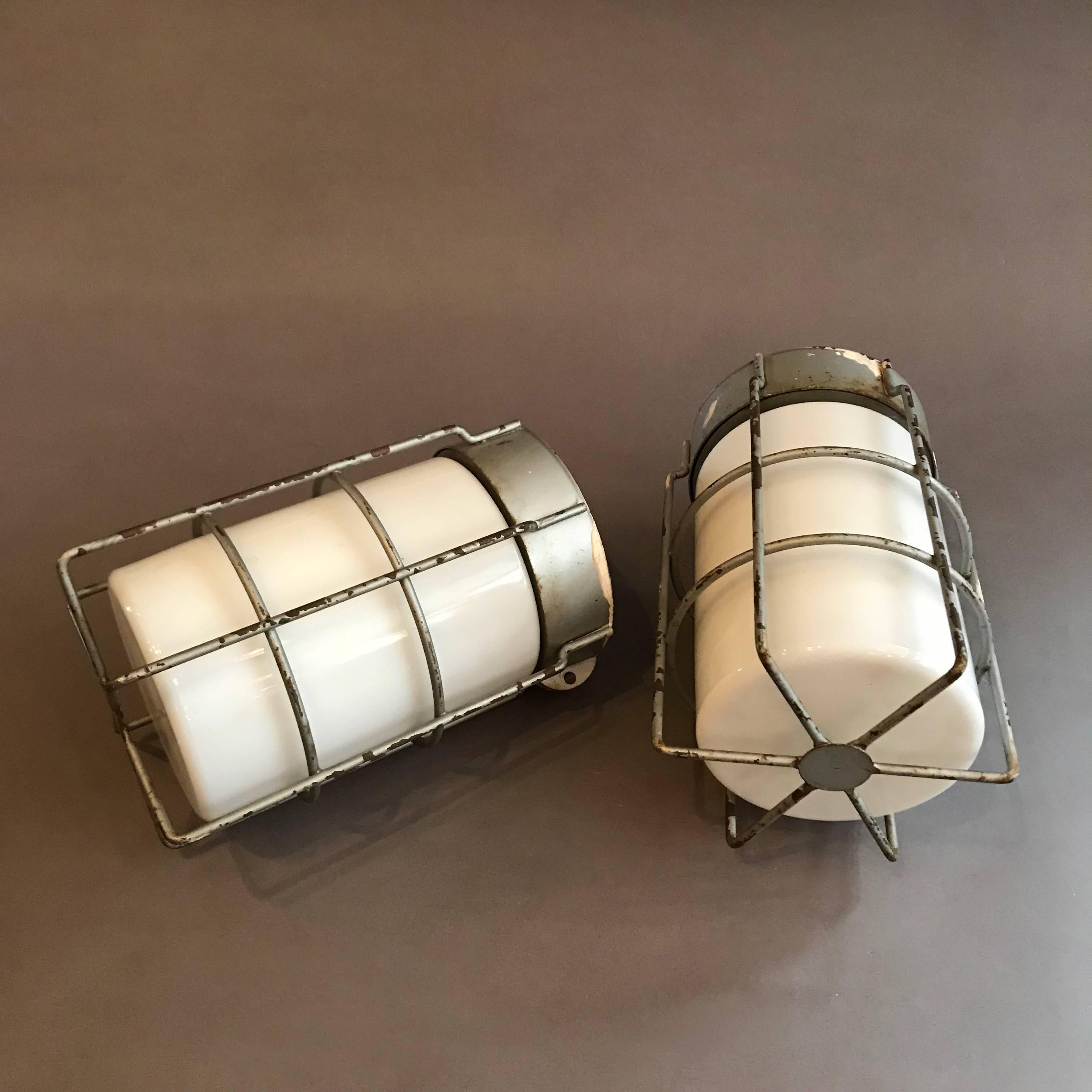 20th Century Industrial Caged Milk Glass Wall Sconce Flush Mount Ceiling Lights