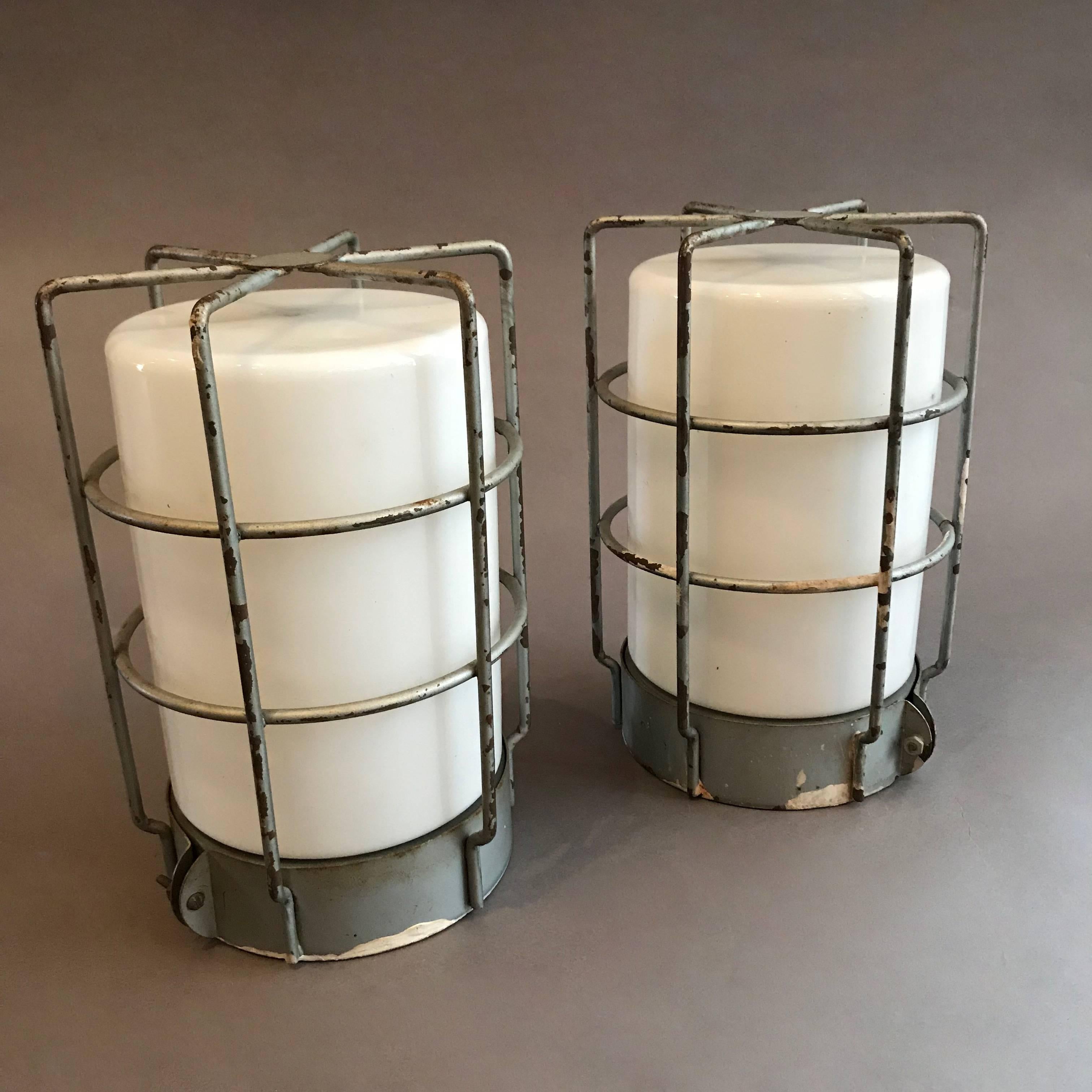 Steel Industrial Caged Milk Glass Wall Sconce Flush Mount Ceiling Lights
