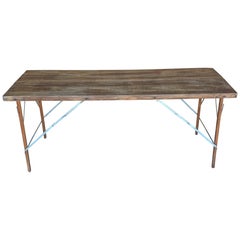 Antique Industrial Campaign-Style Folding Table with Iron Bracing, France, circa 1900s