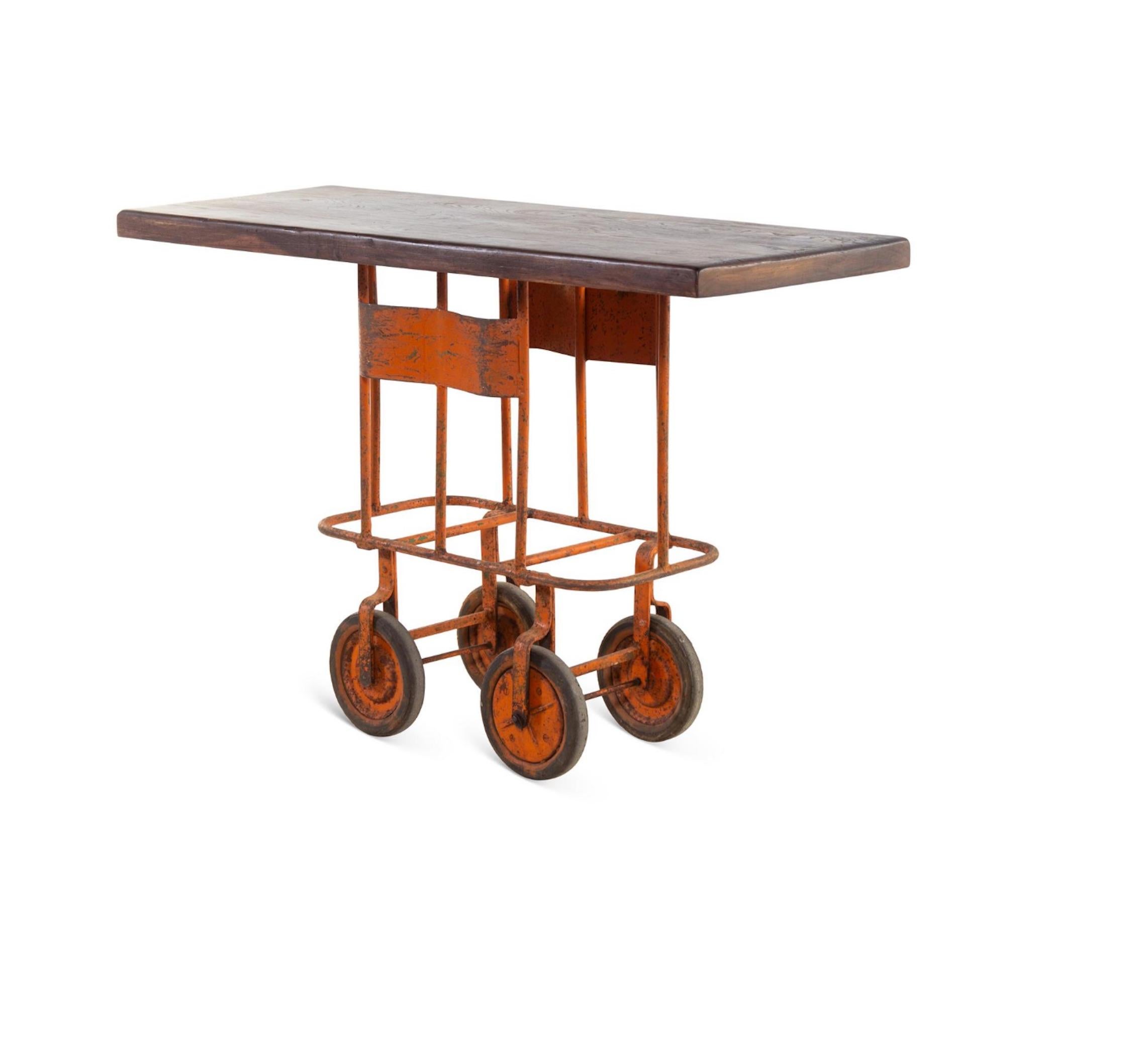 Industrial cart base converted into Kitchen Island or bar cart. Great color. Perfect amount of wear/patina.