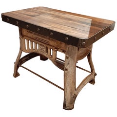 Industrial Cast Iron and Antique Oak Workbench or Side Table