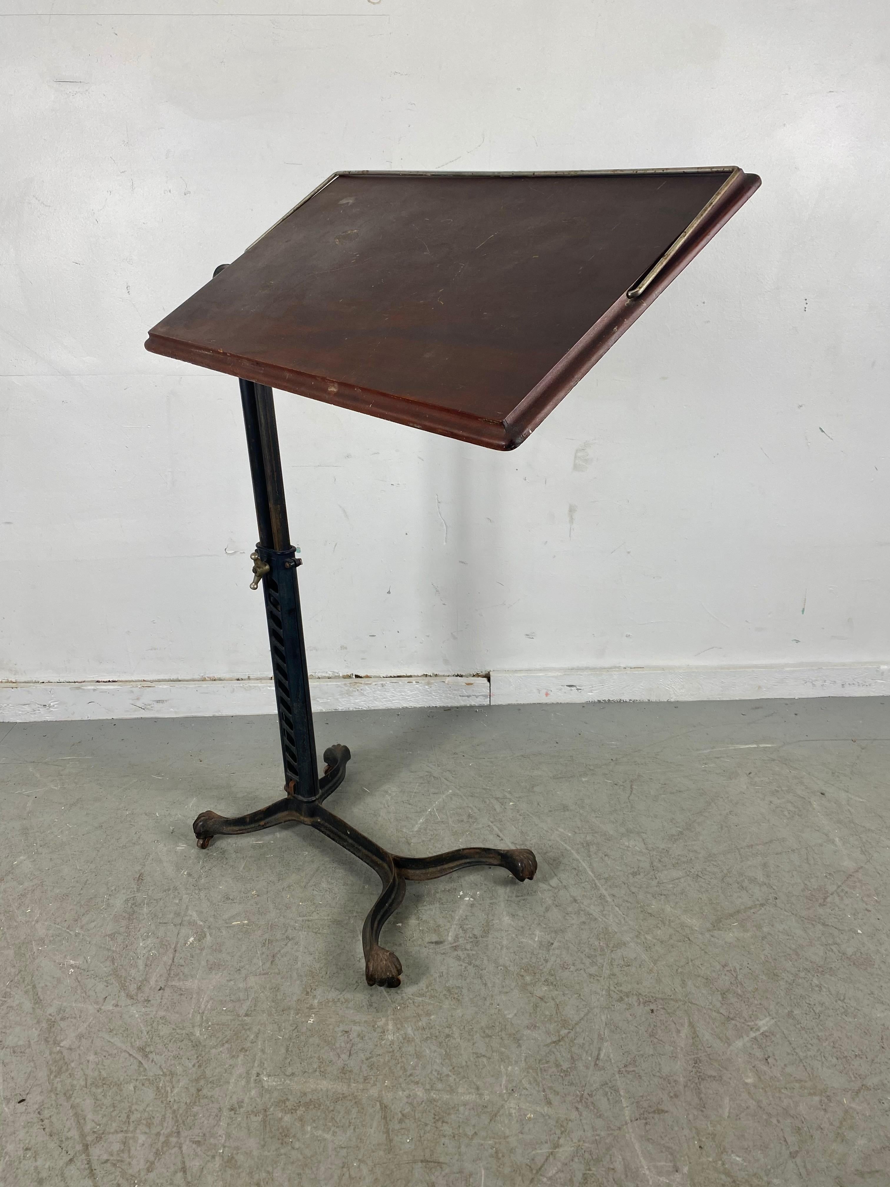 Industrial Cast Iron and Wood Adjustable Drafting / Writing Table, Unusual Mech 5