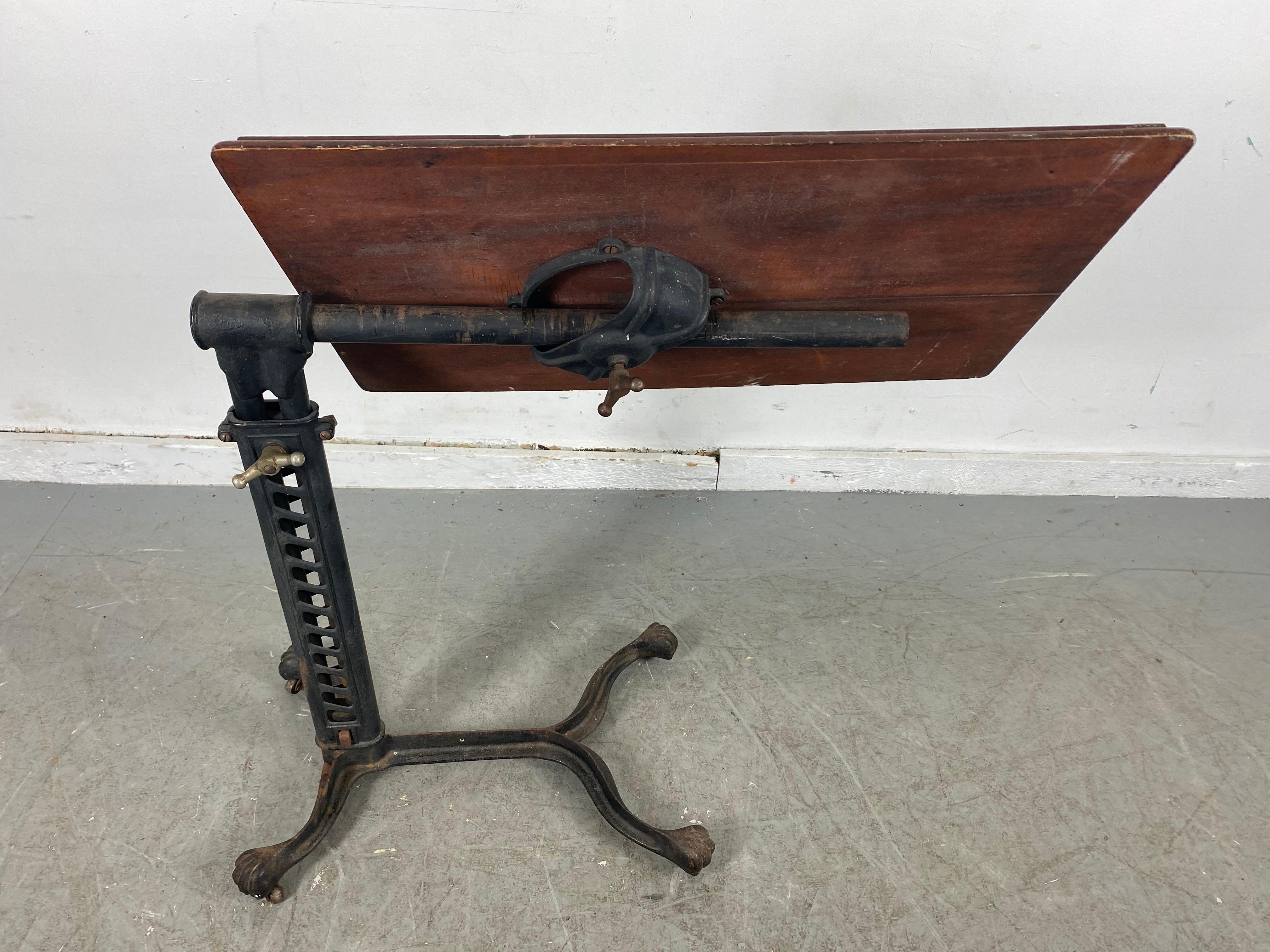 Industrial Cast Iron and Wood Adjustable Drafting / Writing Table, Unusual Mech In Good Condition In Buffalo, NY