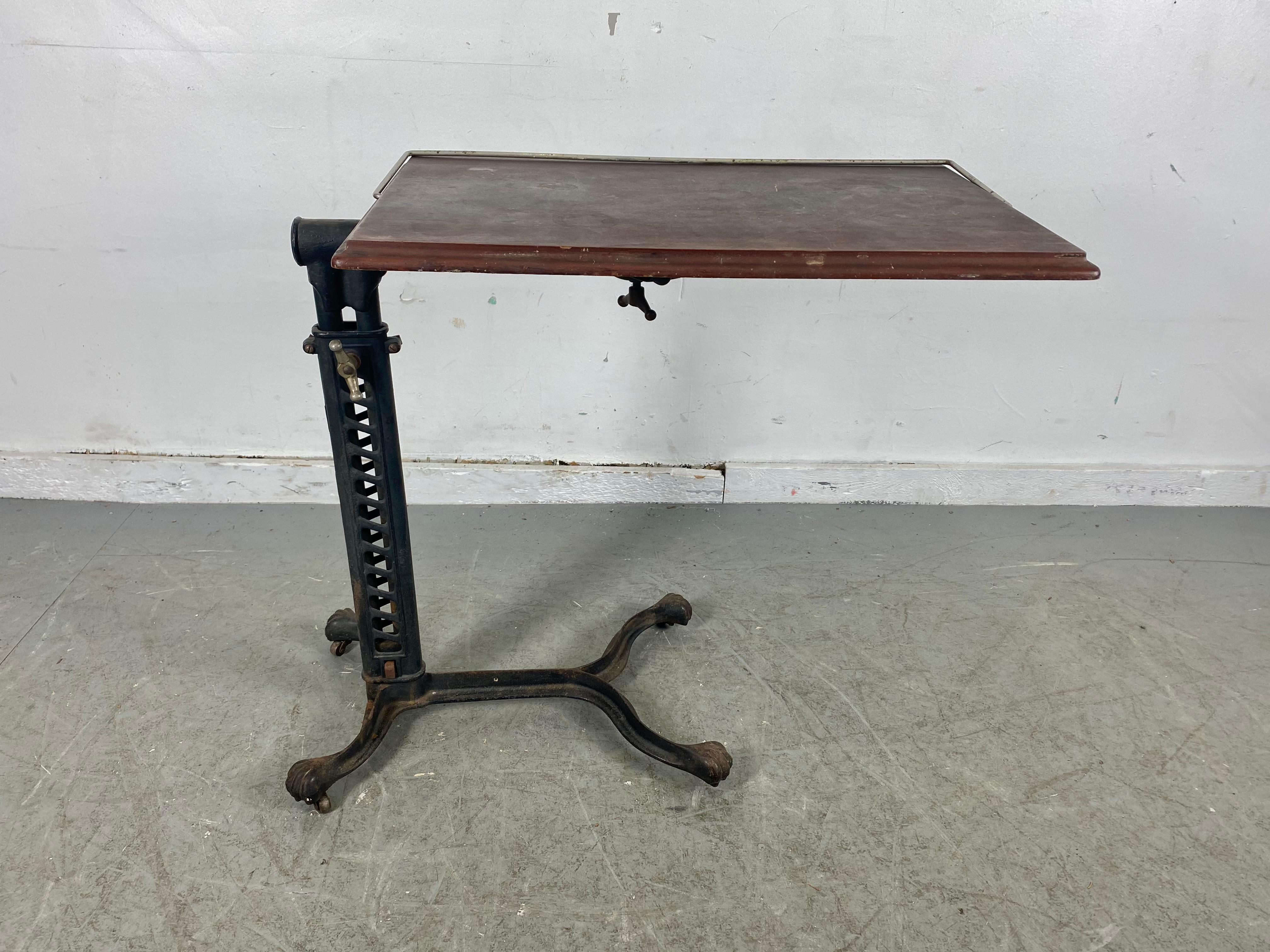 Industrial Cast Iron and Wood Adjustable Drafting / Writing Table, Unusual Mech 3