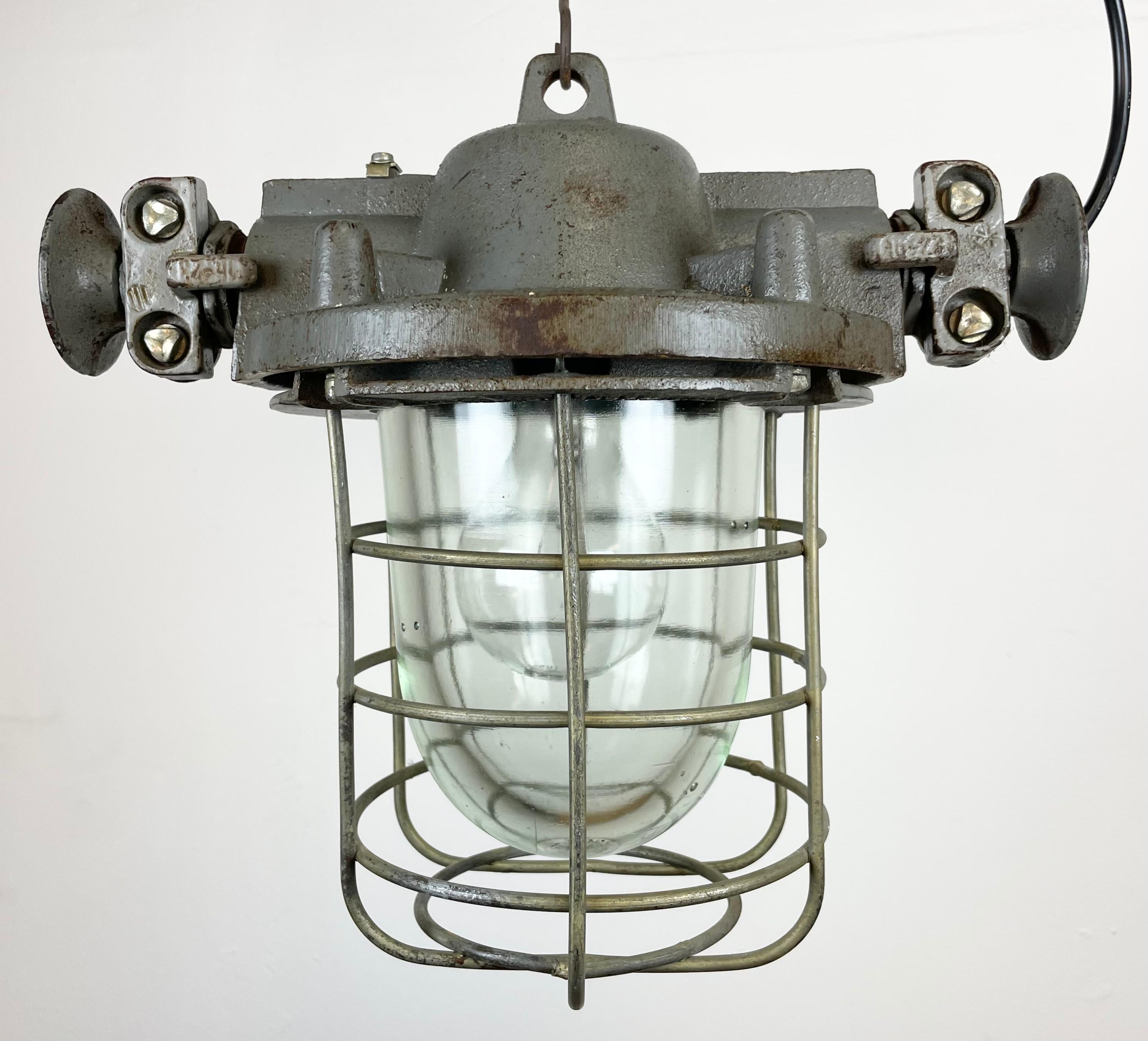Polish Industrial Cast Iron Cage Pendant Light, 1960s For Sale