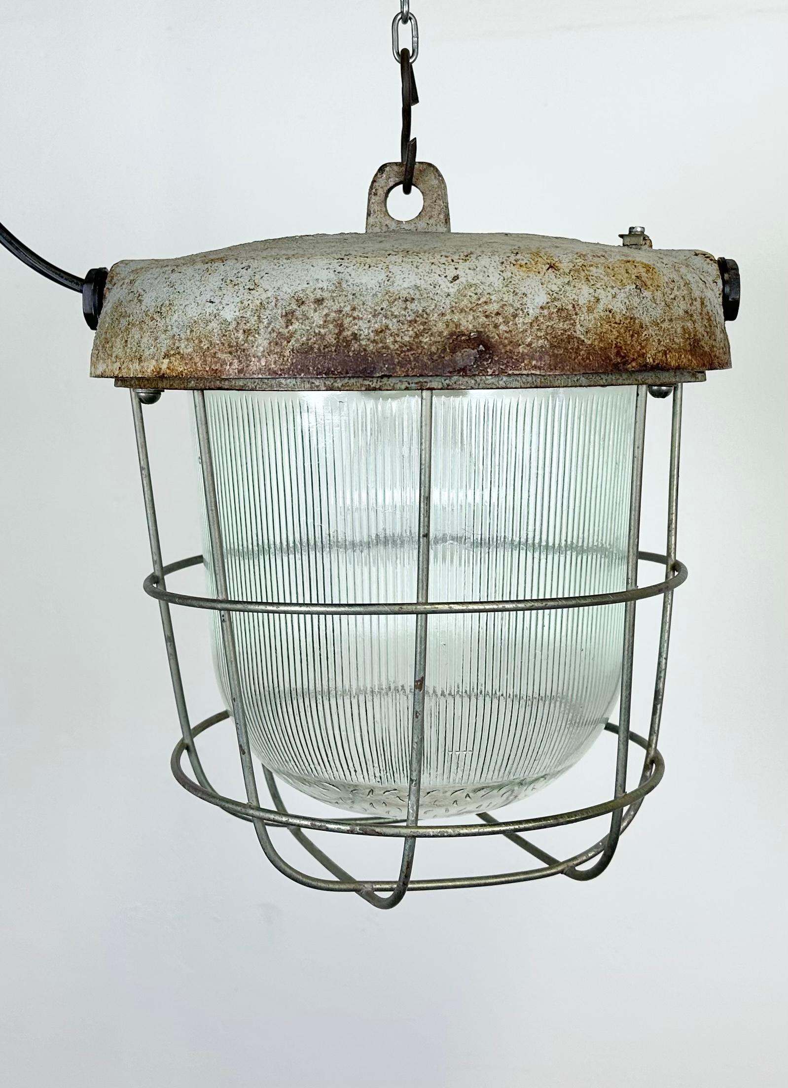 Polish Industrial Cast Iron Cage Pendant Light, 1960s For Sale