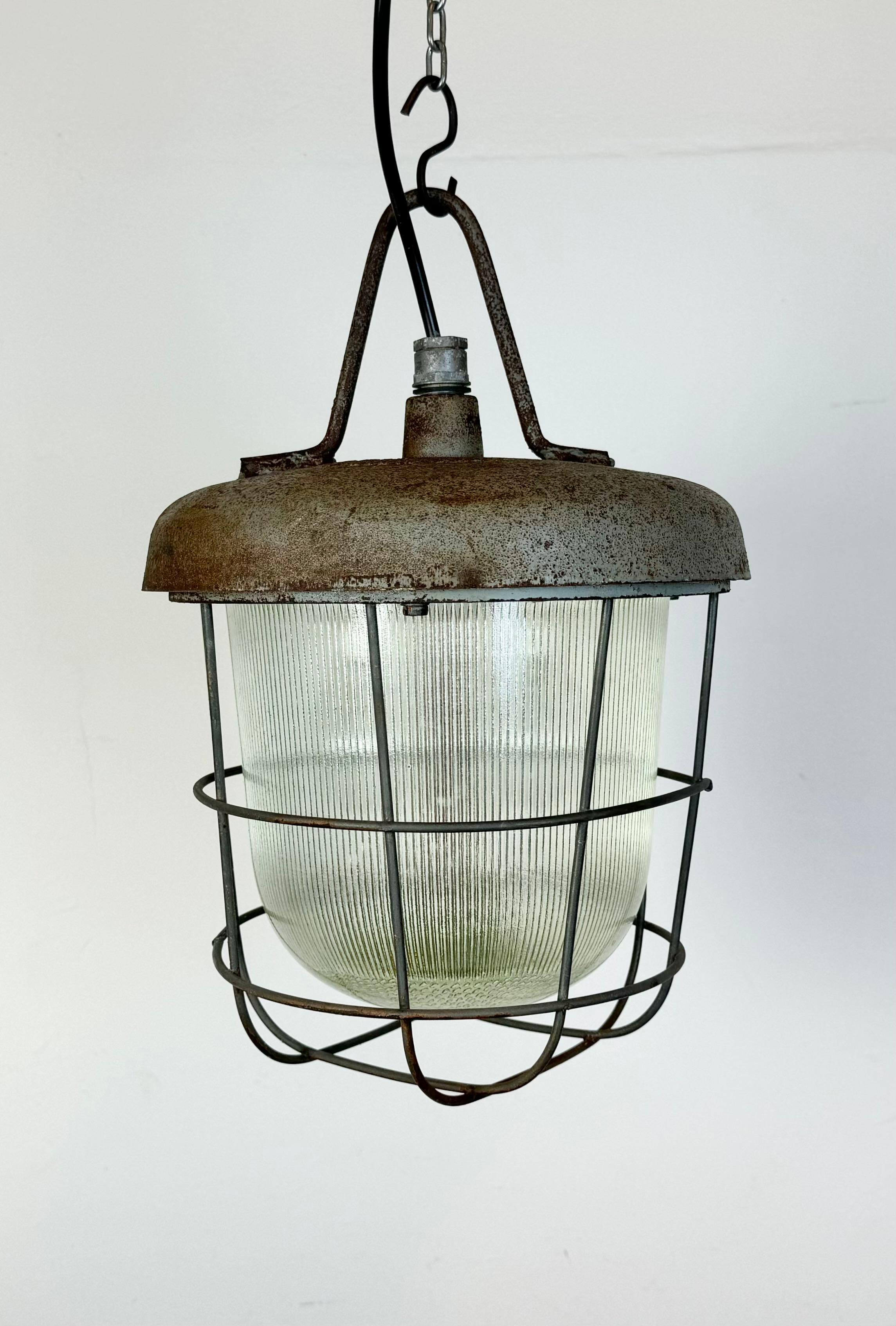 Polish Industrial Cast Iron Cage Pendant Light, 1960s For Sale
