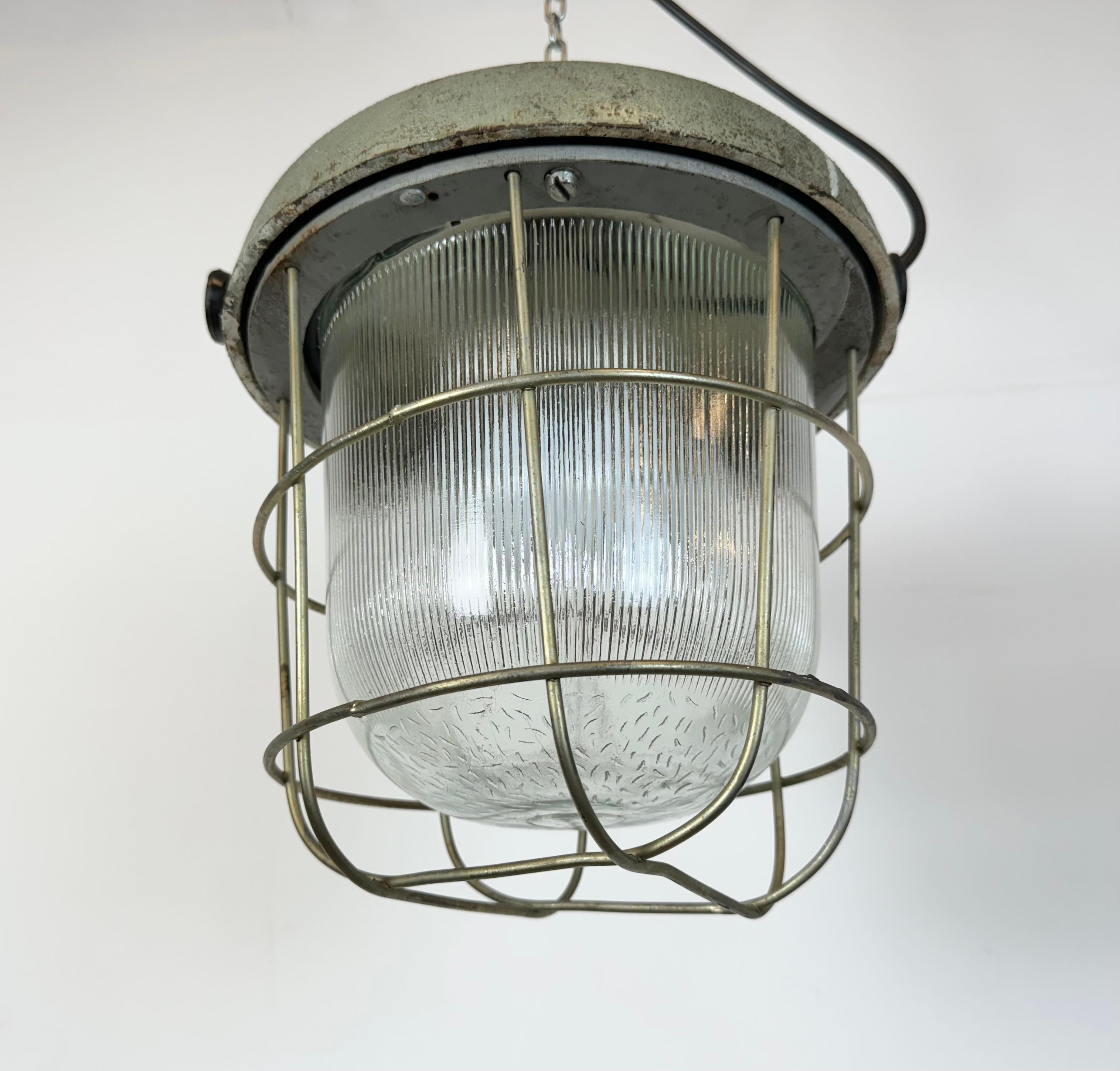 Polish Industrial Cast Iron Cage Pendant Light, 1960s For Sale