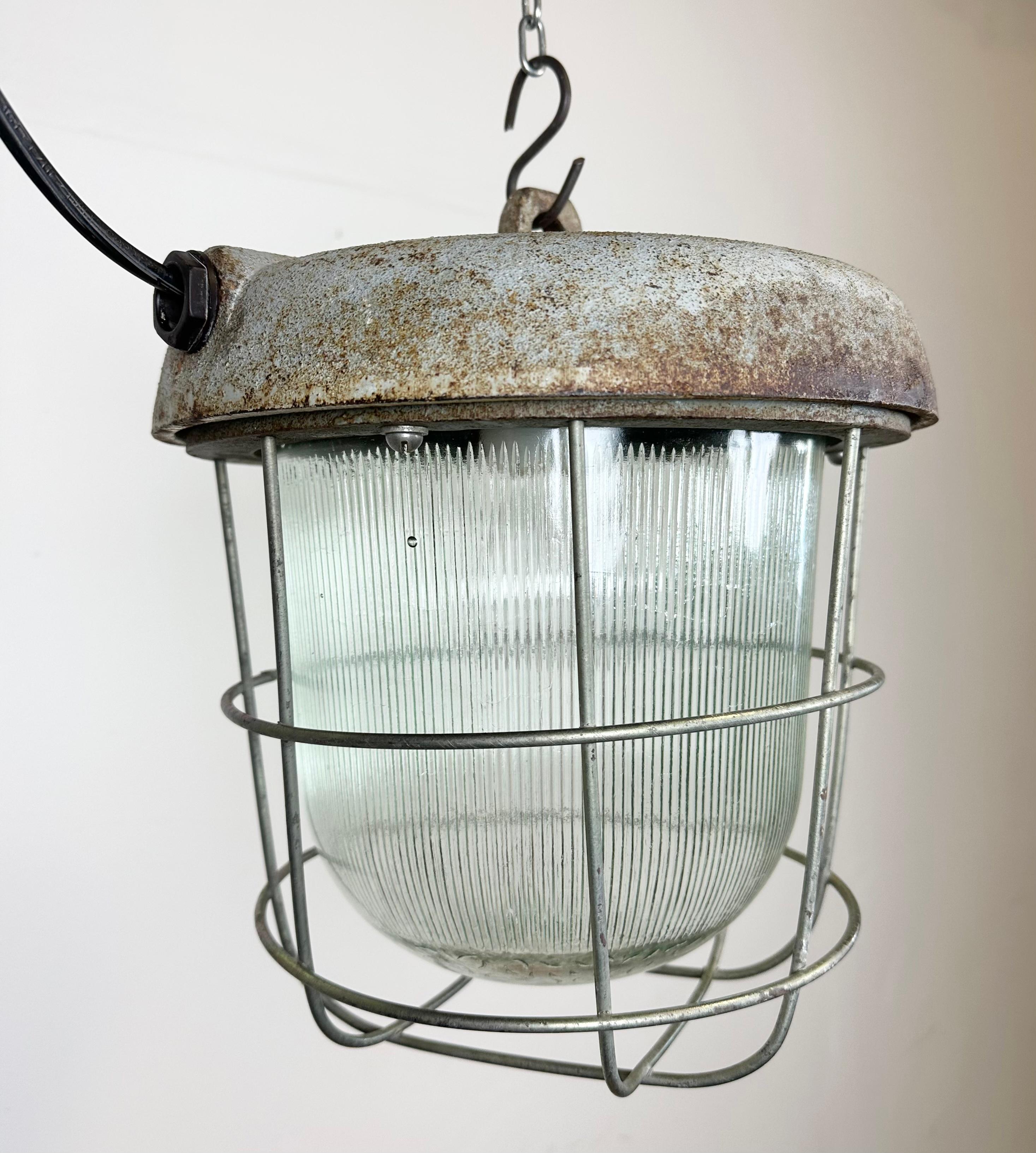Glass Industrial Cast Iron Cage Pendant Light, 1960s For Sale