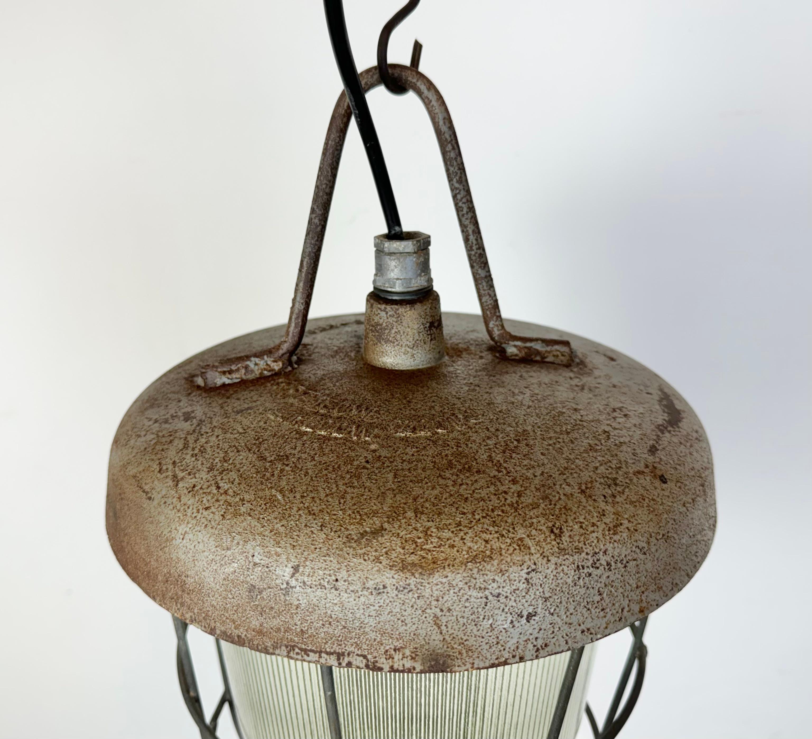 Glass Industrial Cast Iron Cage Pendant Light, 1960s For Sale