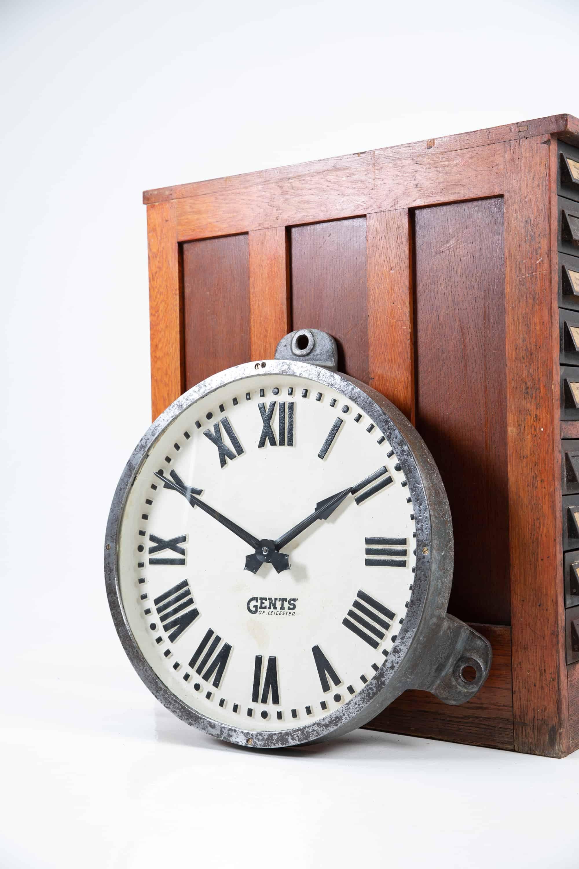 Incredible large 18” cast iron factory clock manufactured by renowned electrical company Gents of Leicester. c.1930

Once adorning the interior of Guardbridge Paper Mill in Scotland, this clock has been stripped of a previous poor paint job to