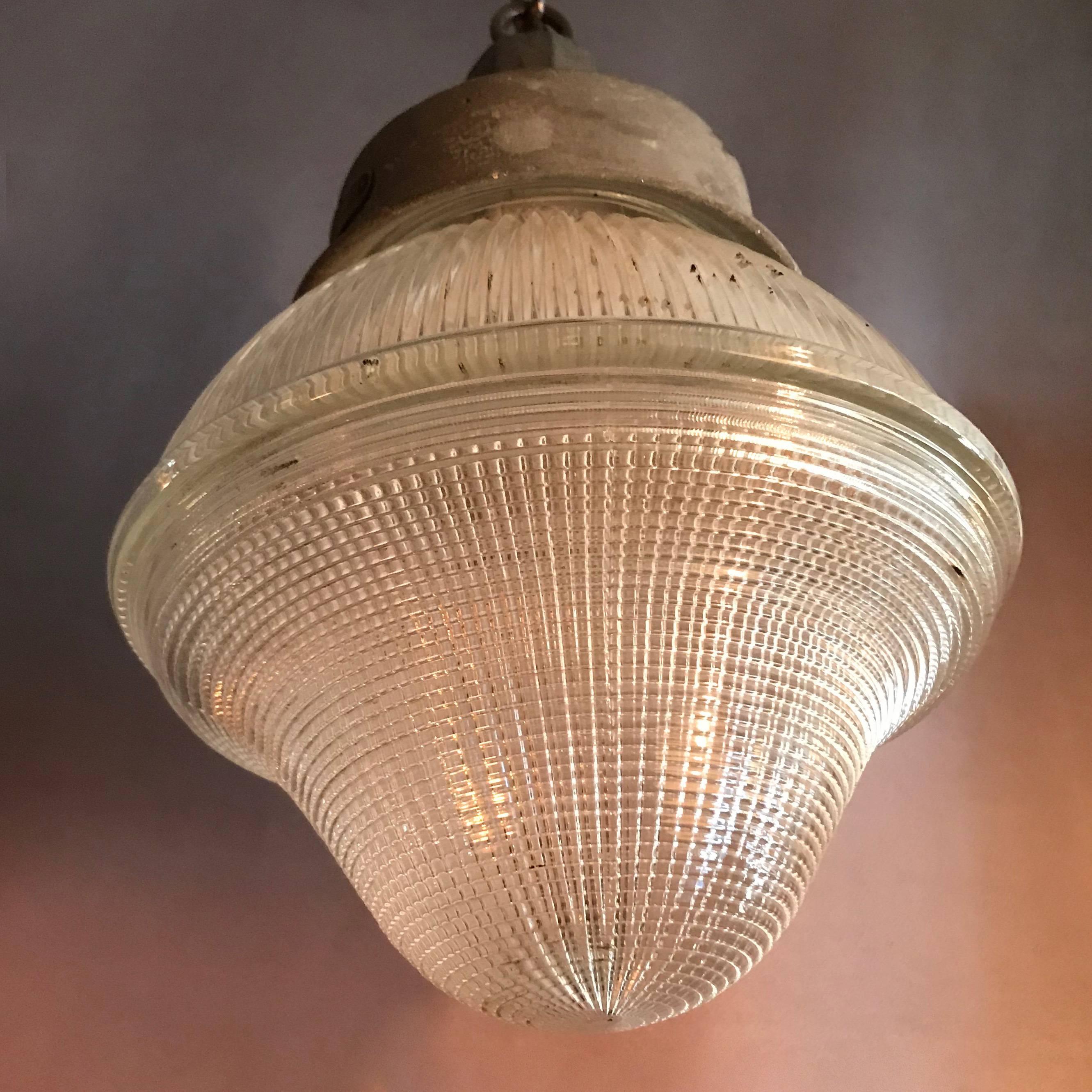 American Industrial Cast Iron Holophane Glass Factory Pendant Light