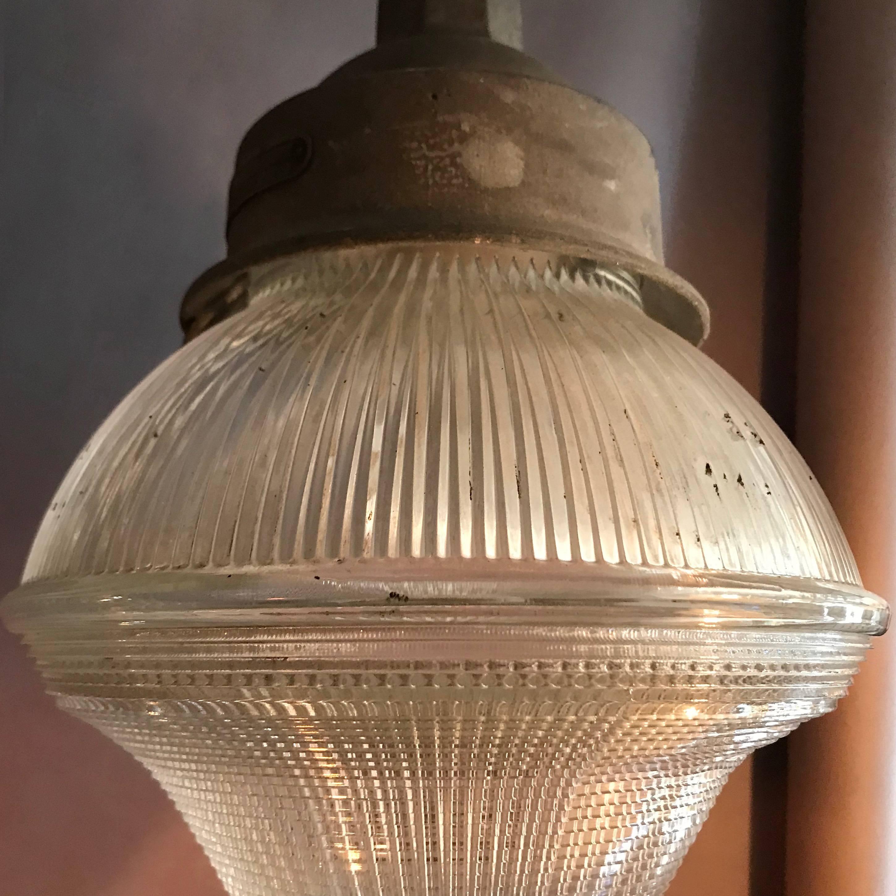 Industrial Cast Iron Holophane Glass Factory Pendant Light In Good Condition In Brooklyn, NY