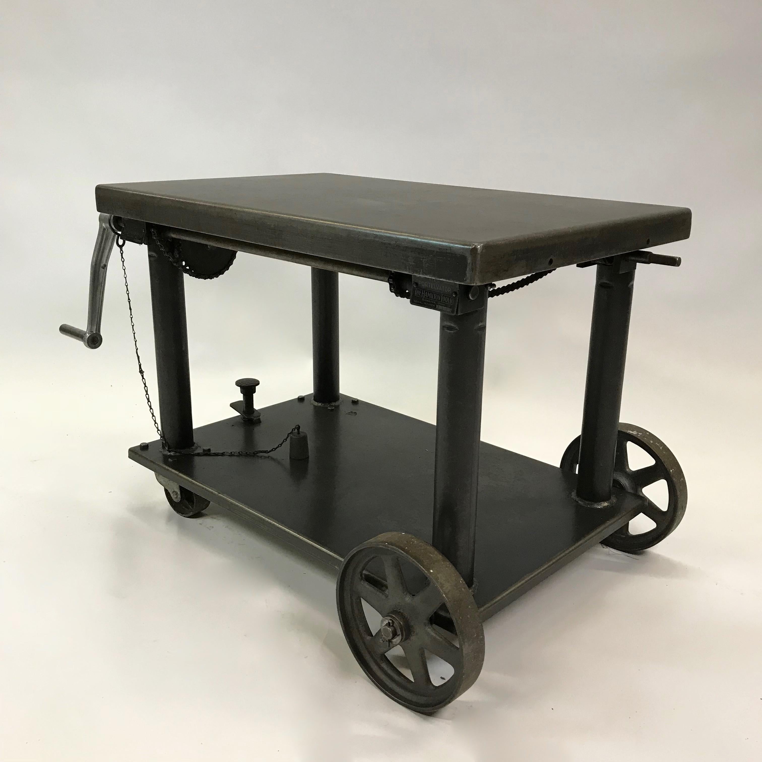 American Industrial Cast Iron Steel Rolling Cart Factory Table