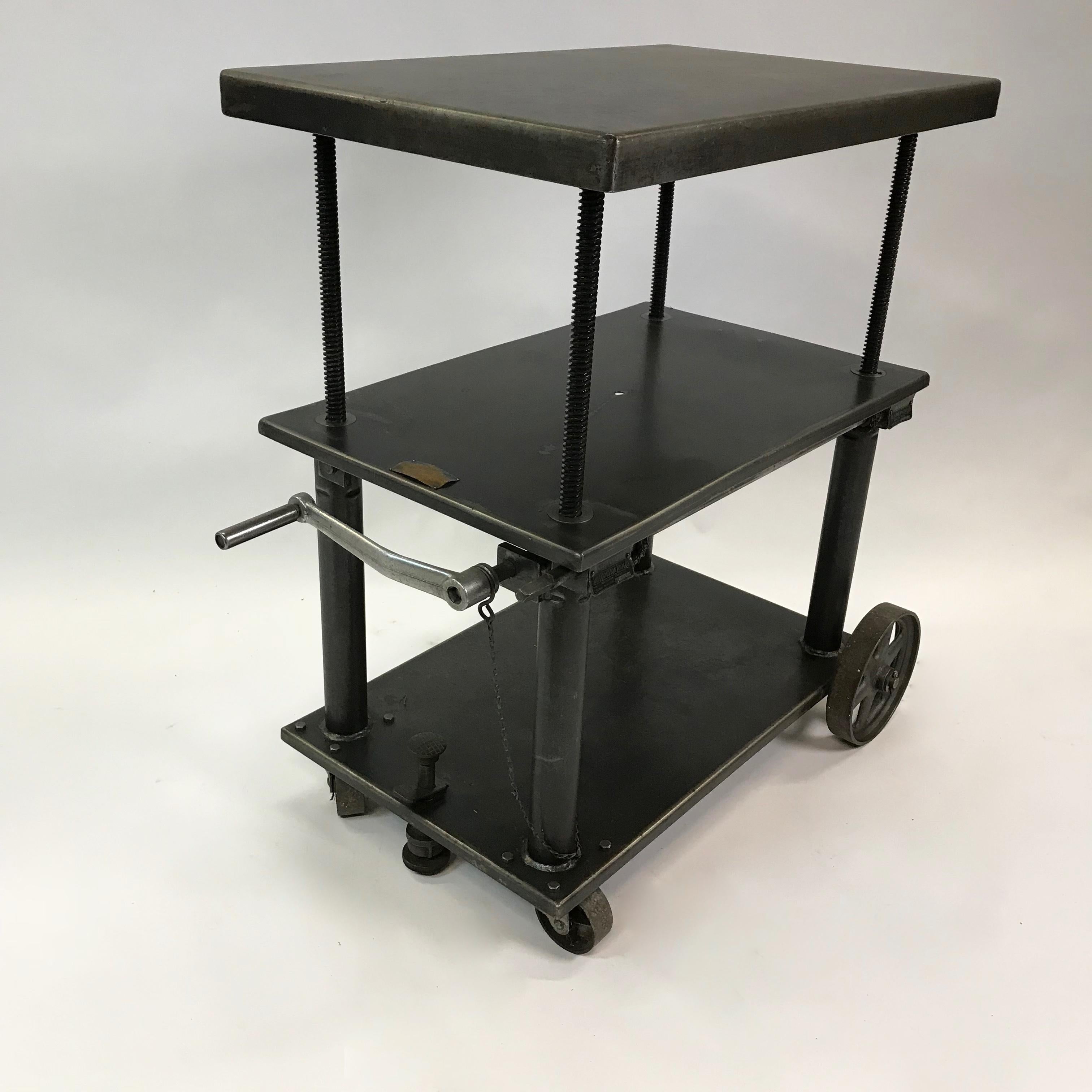 Industrial Cast Iron Steel Rolling Cart Factory Table In Good Condition In Brooklyn, NY