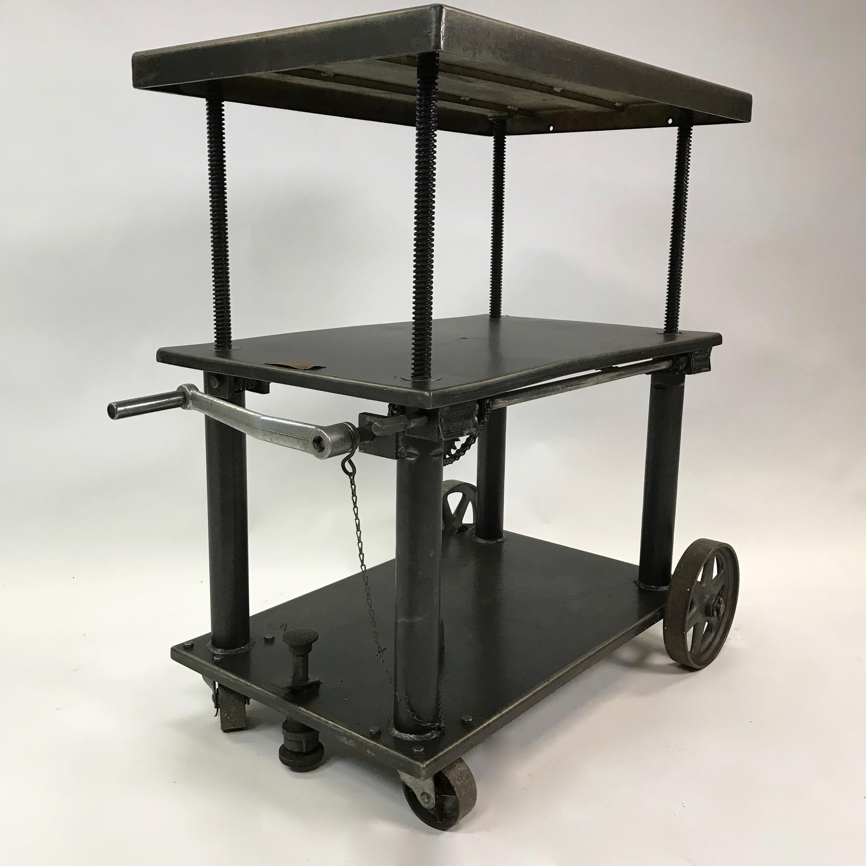 20th Century Industrial Cast Iron Steel Rolling Cart Factory Table