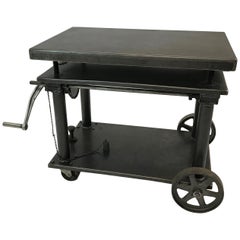Vintage Industrial Cast Iron Steel Rolling Cart Factory Table